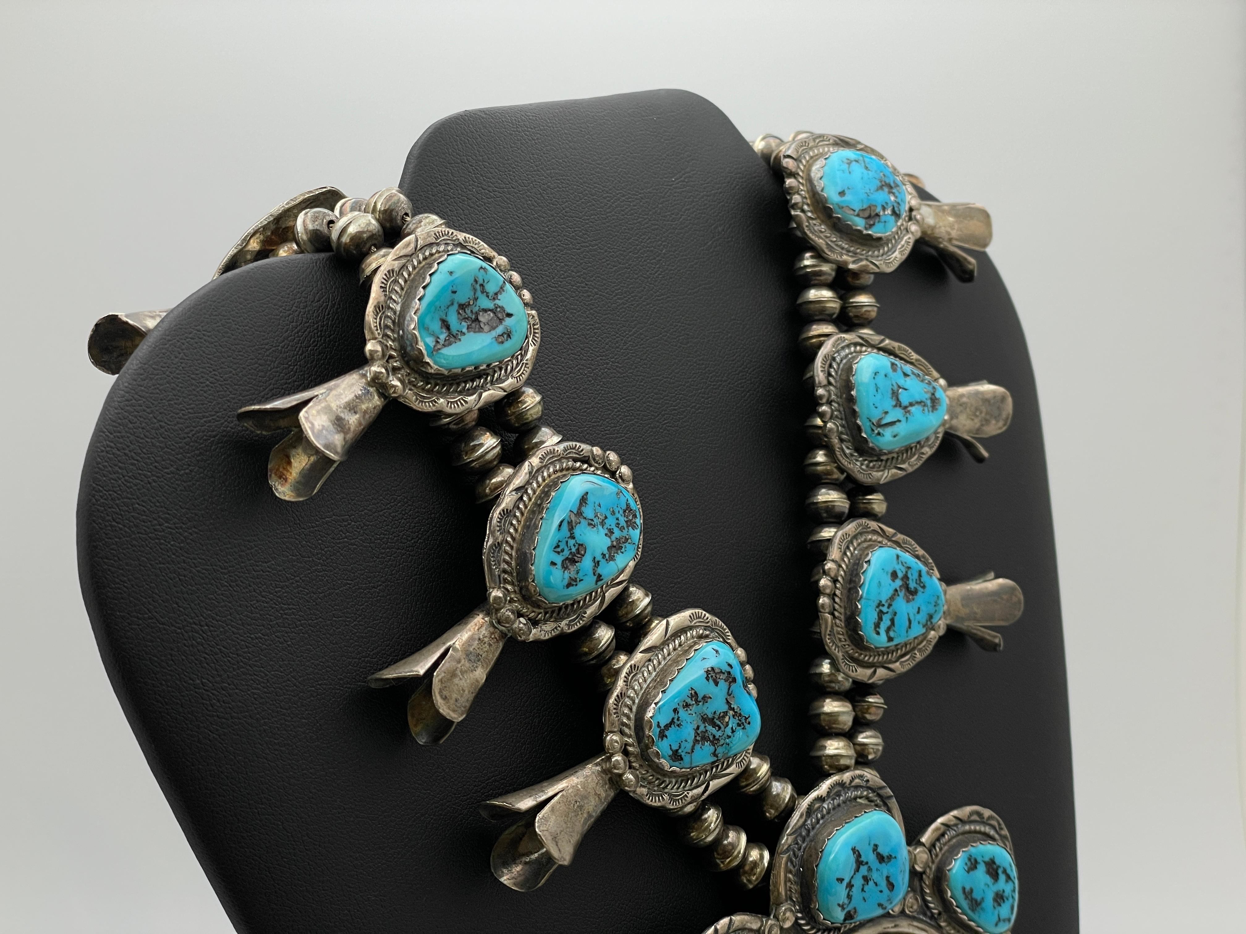 Cabochon Vintage Native American Navajo Sterling Silver Horseshoe Squash Blossom Necklace For Sale