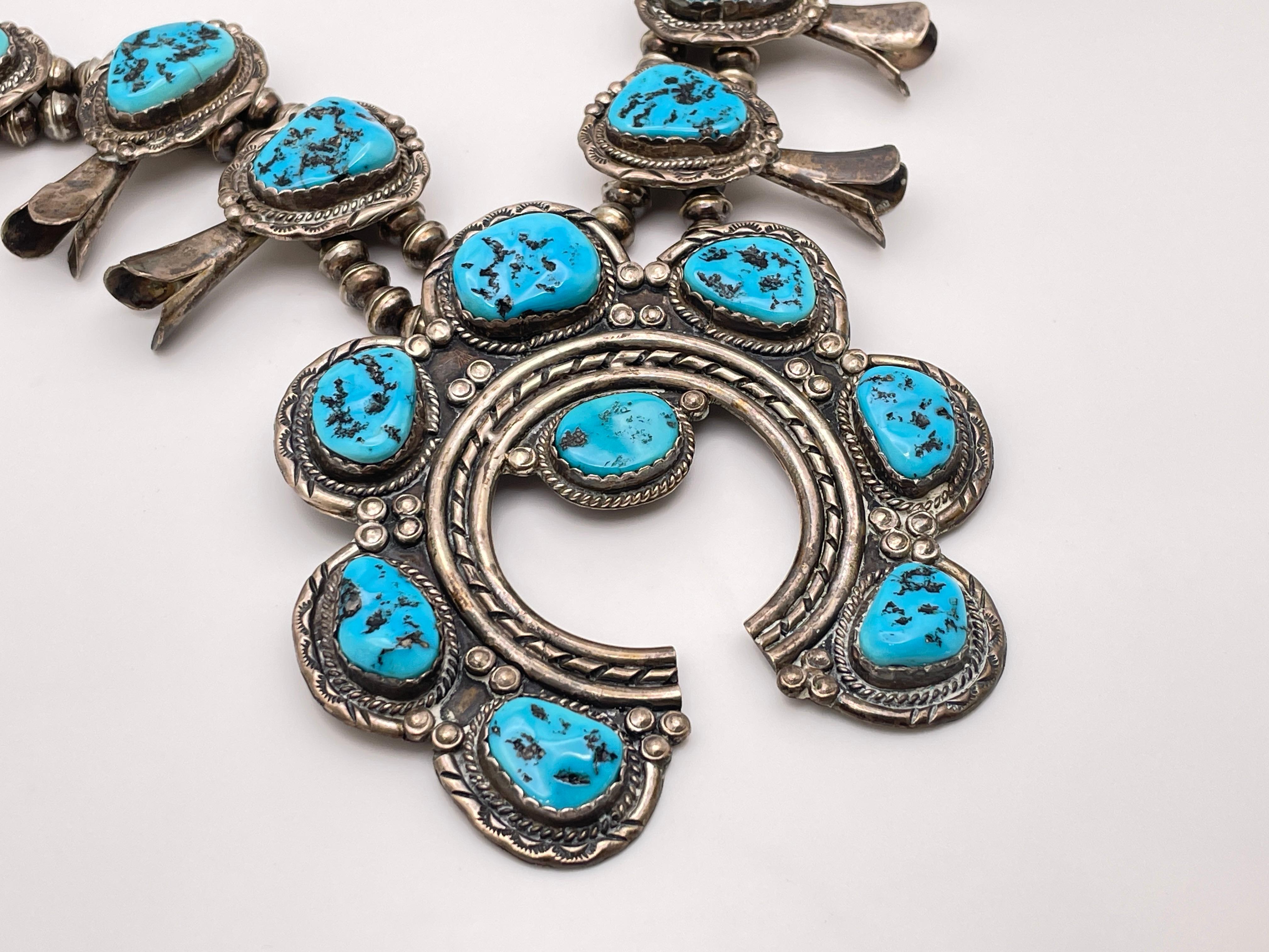 Vintage Native American Navajo Sterling Silver Horseshoe Squash Blossom Necklace For Sale 3