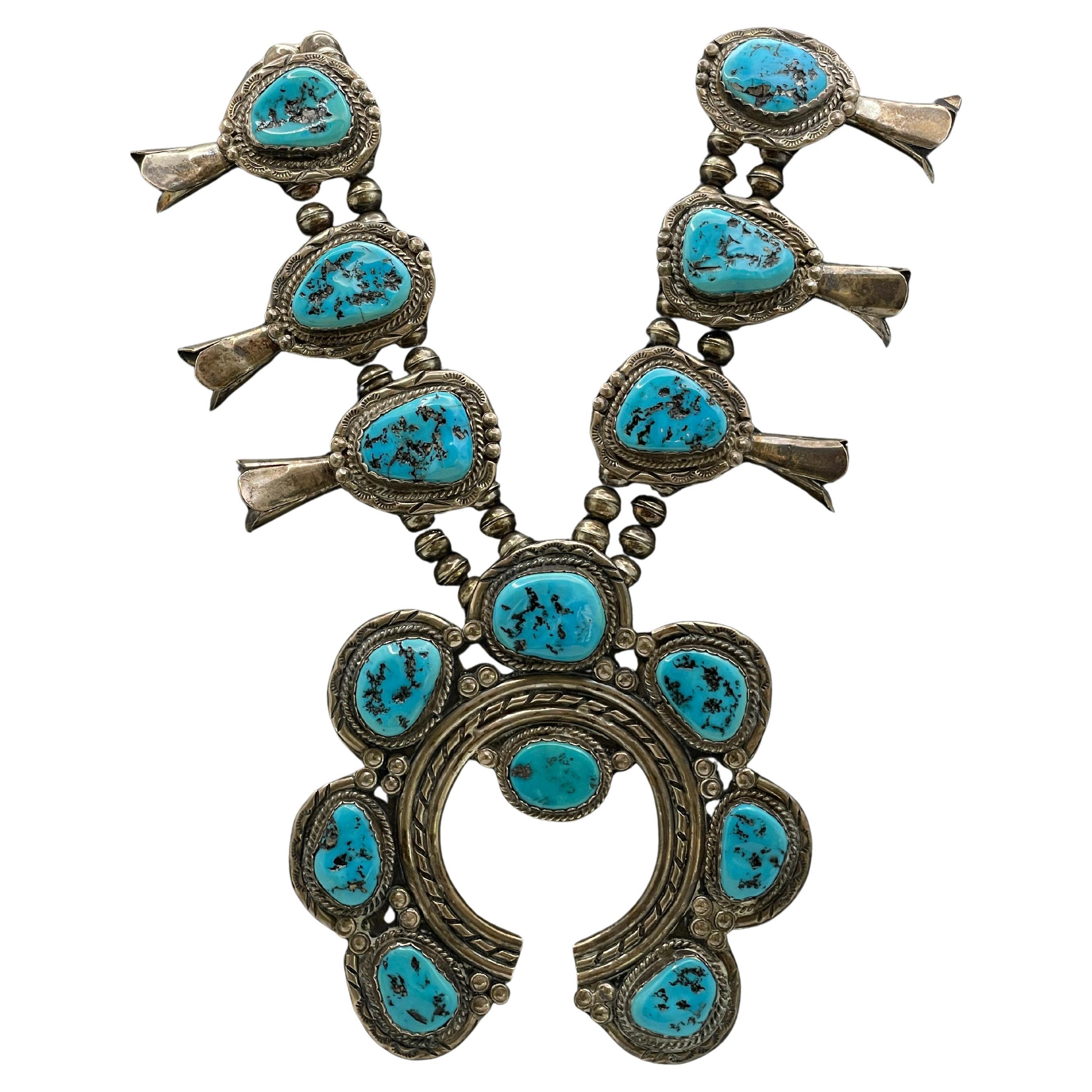 Vintage Native American Navajo Sterling Silver Horseshoe Squash Blossom Necklace
