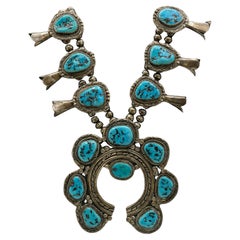 Vintage Native American Navajo Sterling Silver Horseshoe Squash Blossom Necklace