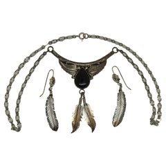 Vintage Native American Navajo Sterling Silver Onyx Feather Necklace & Earrings