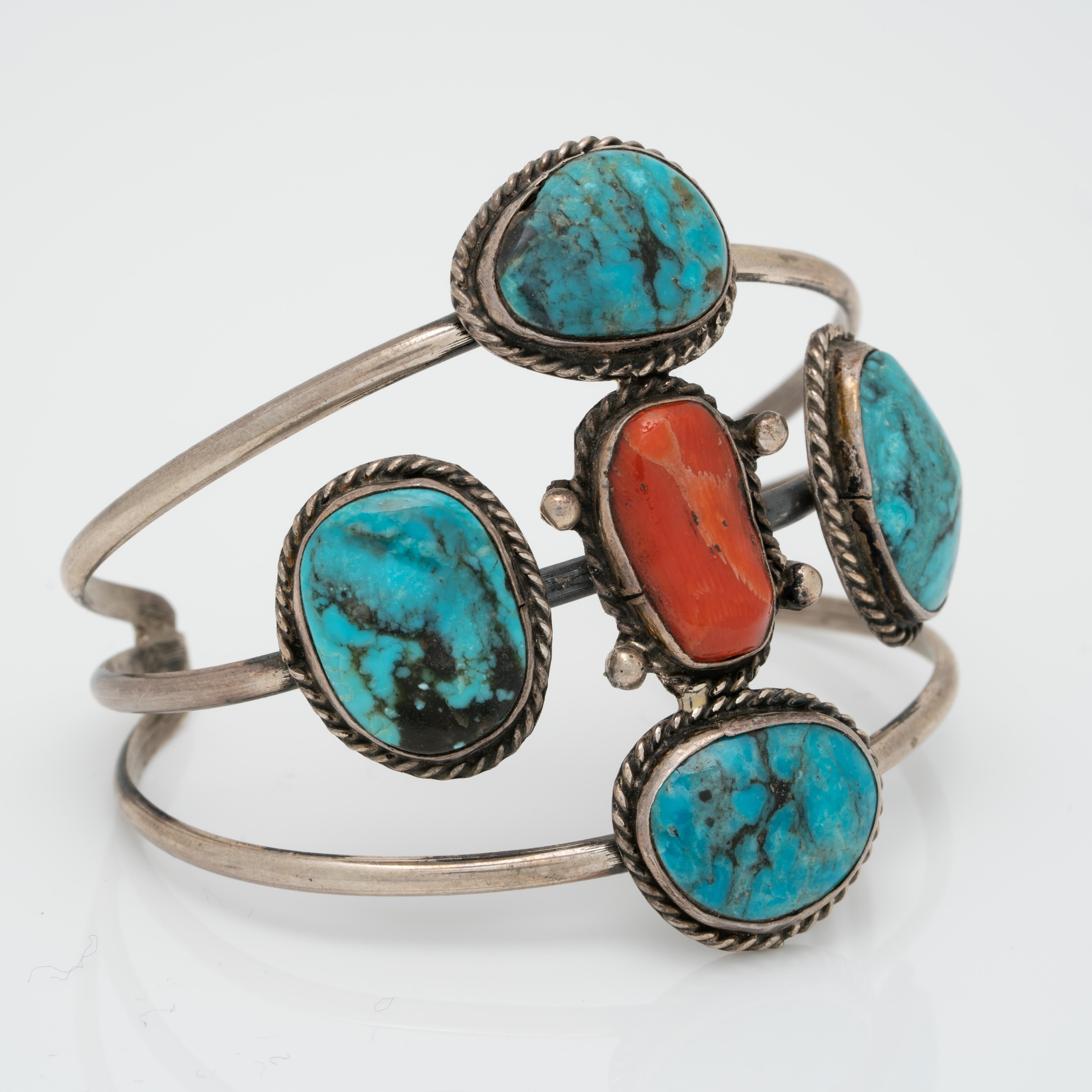 Oval Cut Vintage Native American Navajo Sterling Silver Turquoise and Coral Bracelet For Sale