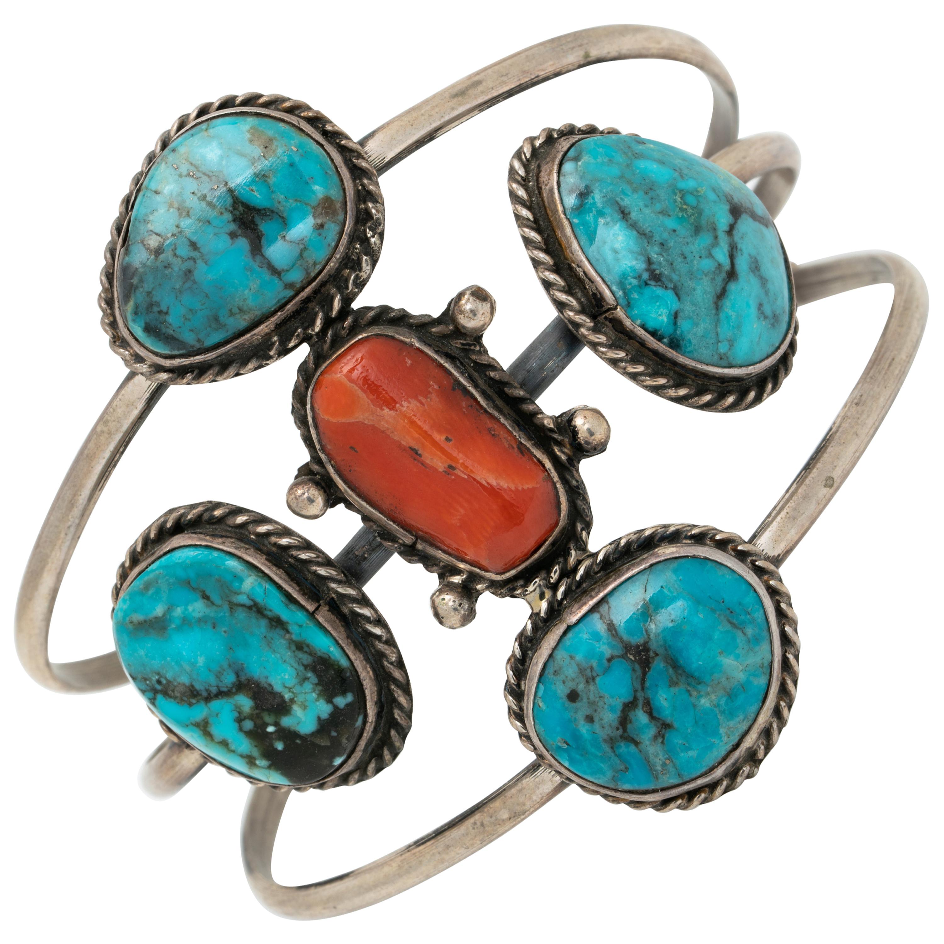 Vintage Native American Navajo Sterling Silver Turquoise and Coral Bracelet