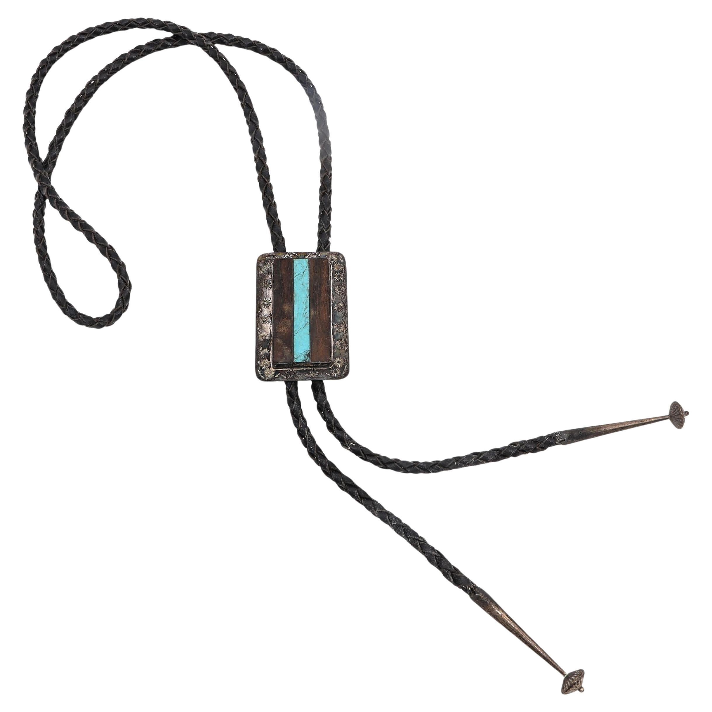 Vintage Native American Navajo Sterling Silver Turquoise and Wood Inlay Bolo Tie