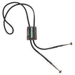 Vintage Native American Navajo Sterling Silver Turquoise and Wood Inlay Bolo Tie