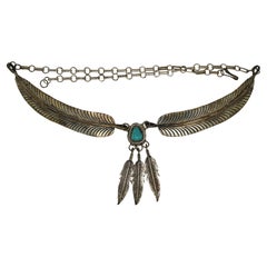Vintage Native American Navajo Sterling Silver Turquoise Feather Necklace 21"