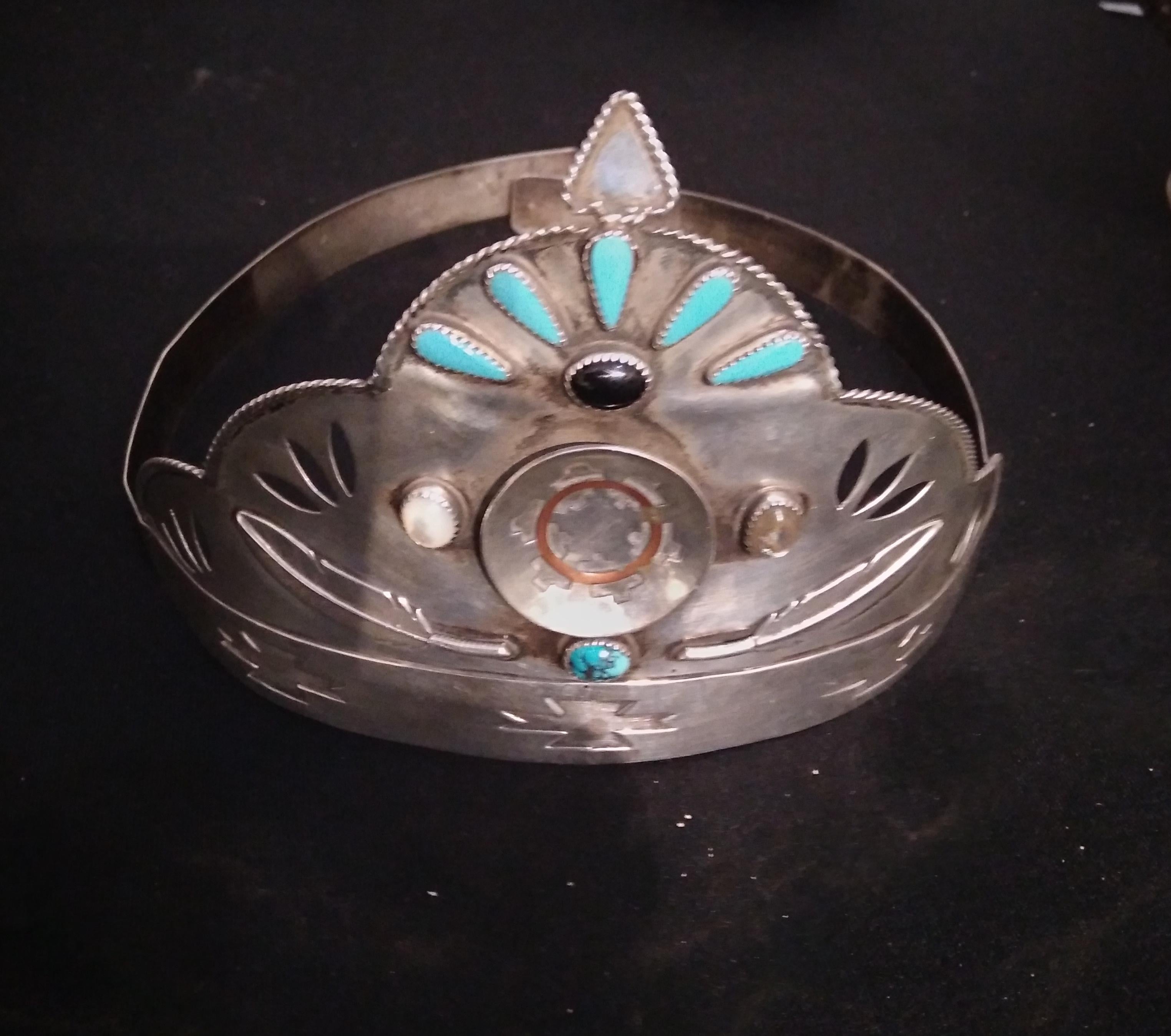 Hand-Crafted Vintage Native American Navajo Sterling Turquoise Crown Tiara