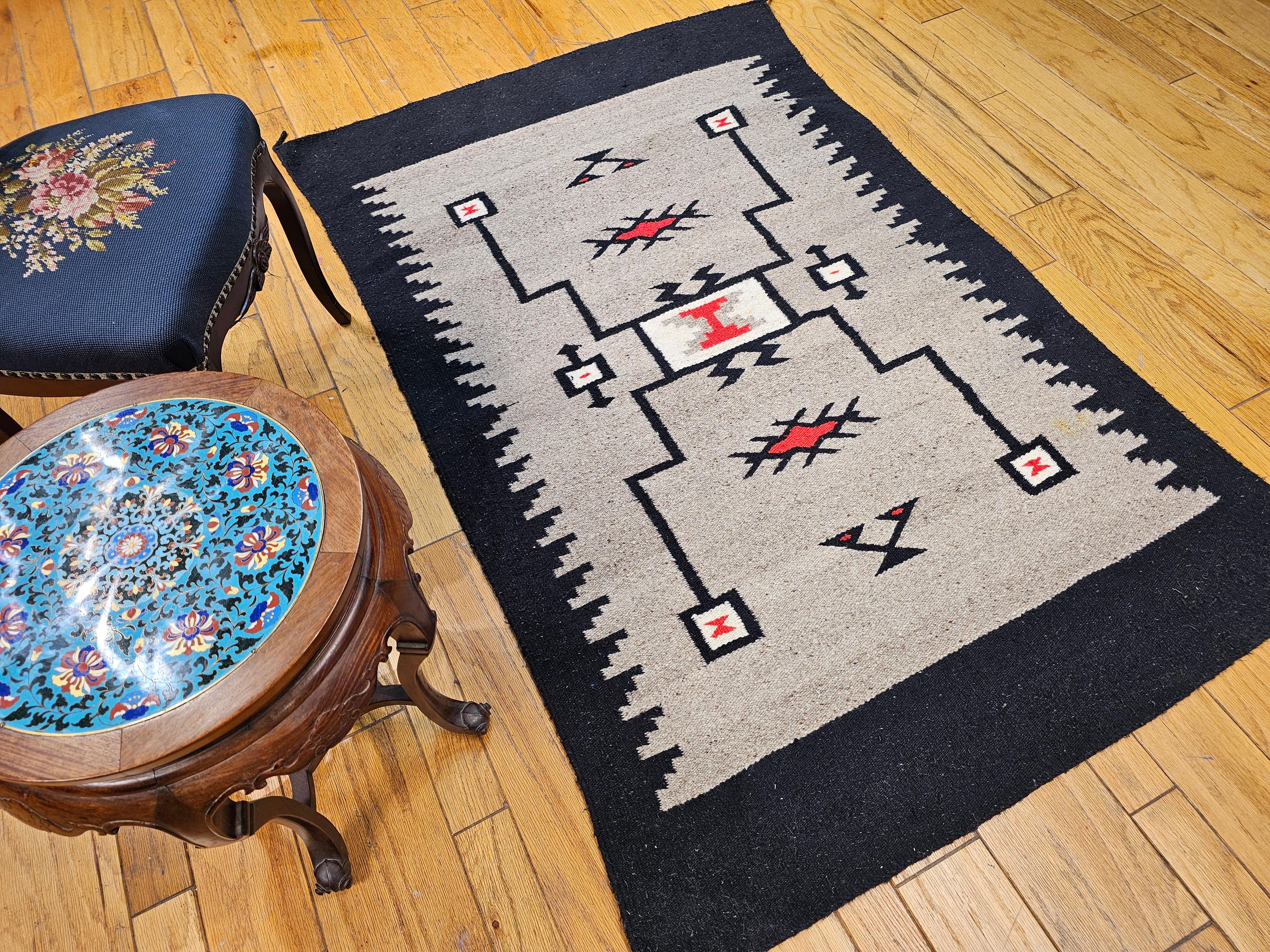 Vintage Native American Navajo Storm Pattern Area Rug in Gray, Ivory, Red, Black For Sale 2