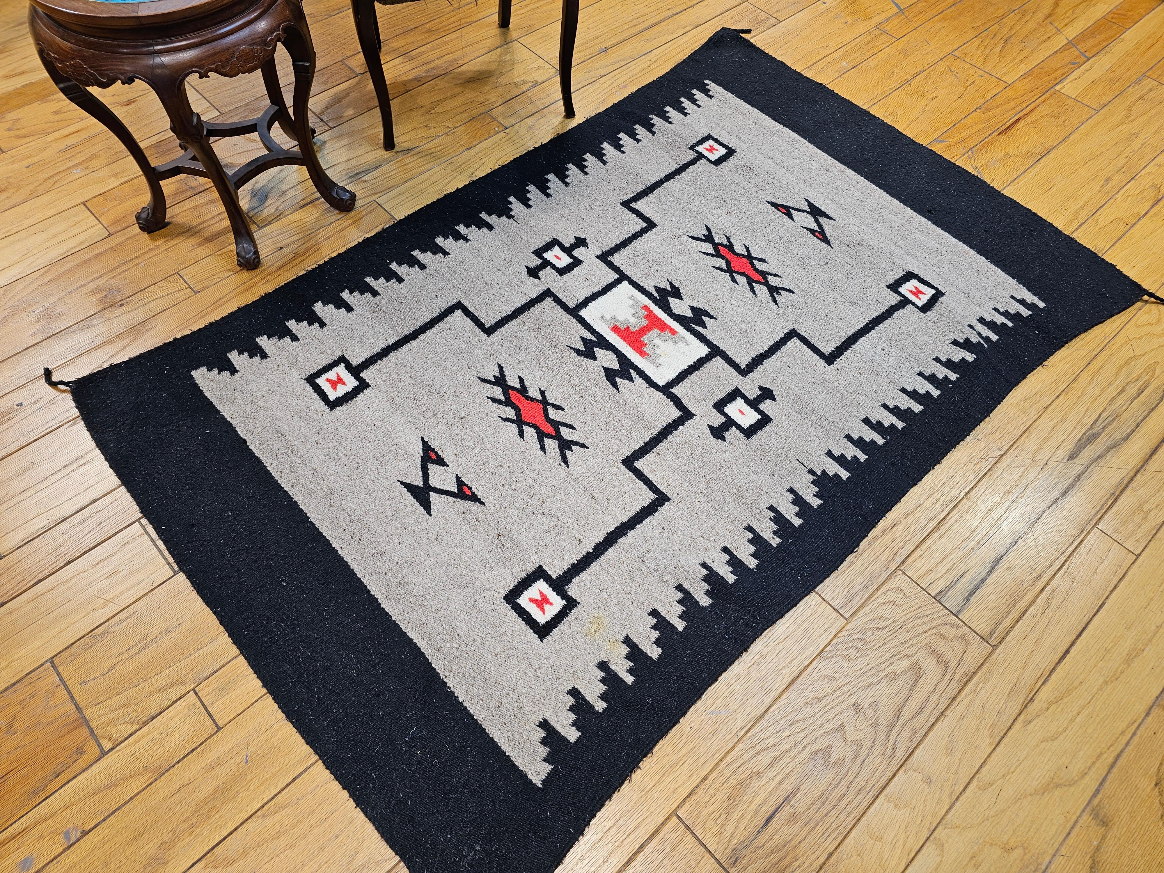 Vintage Native American Navajo Storm Pattern Area Rug in Gray, Ivory, Red, Black For Sale 3