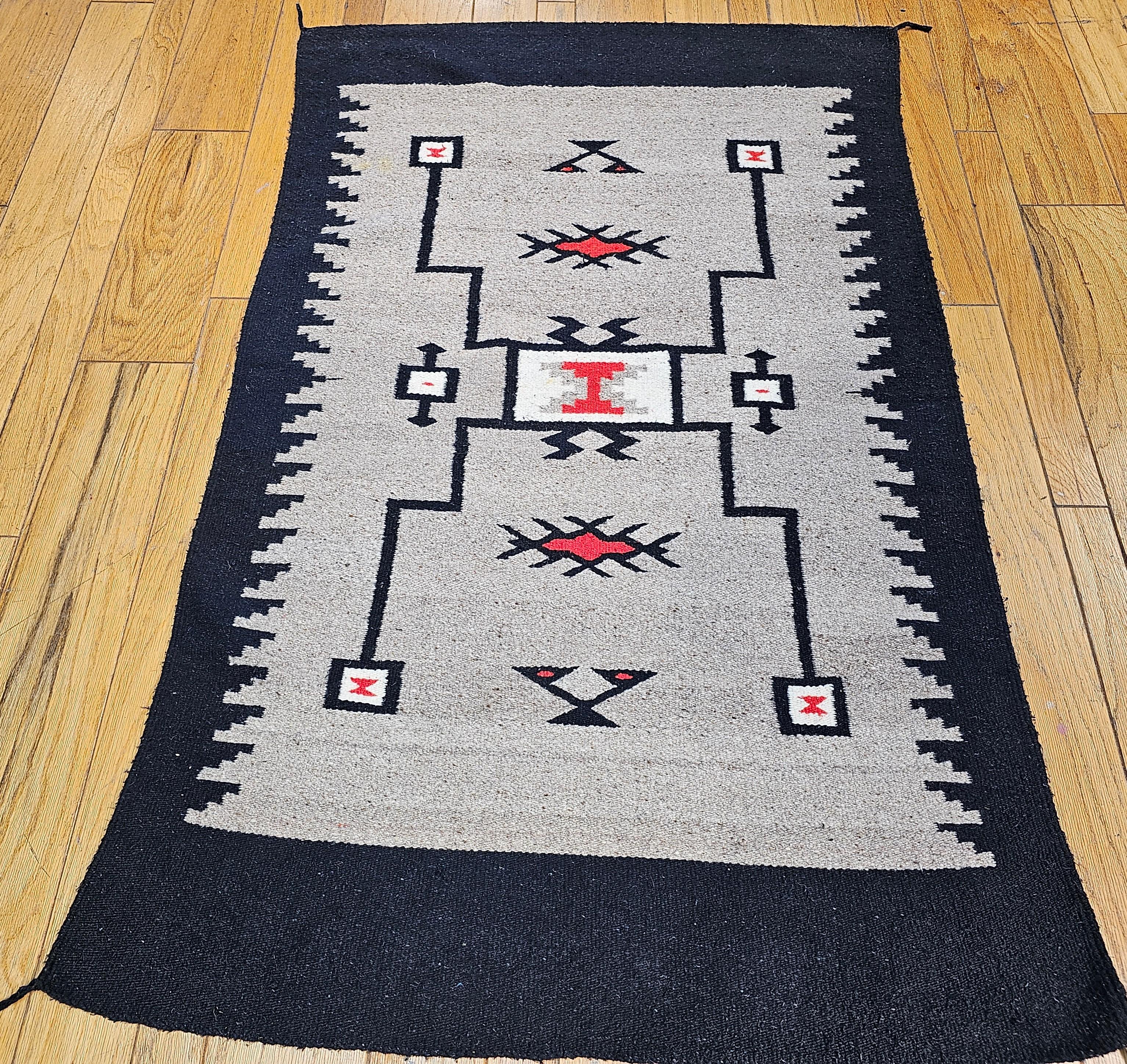 Vintage Native American Navajo Storm Pattern Area Rug in Gray, Ivory, Red, Black For Sale 4