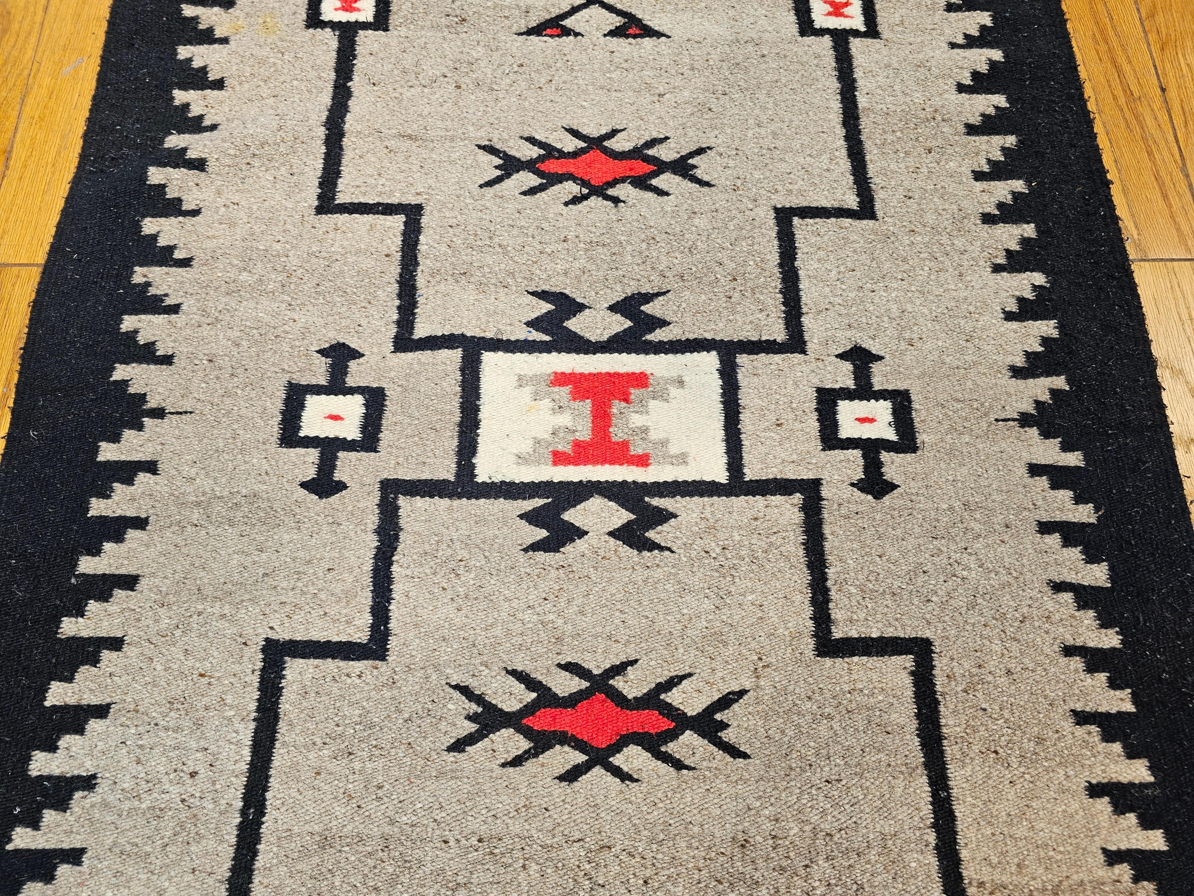 Vegetable Dyed Vintage Native American Navajo Storm Pattern Area Rug in Gray, Ivory, Red, Black For Sale