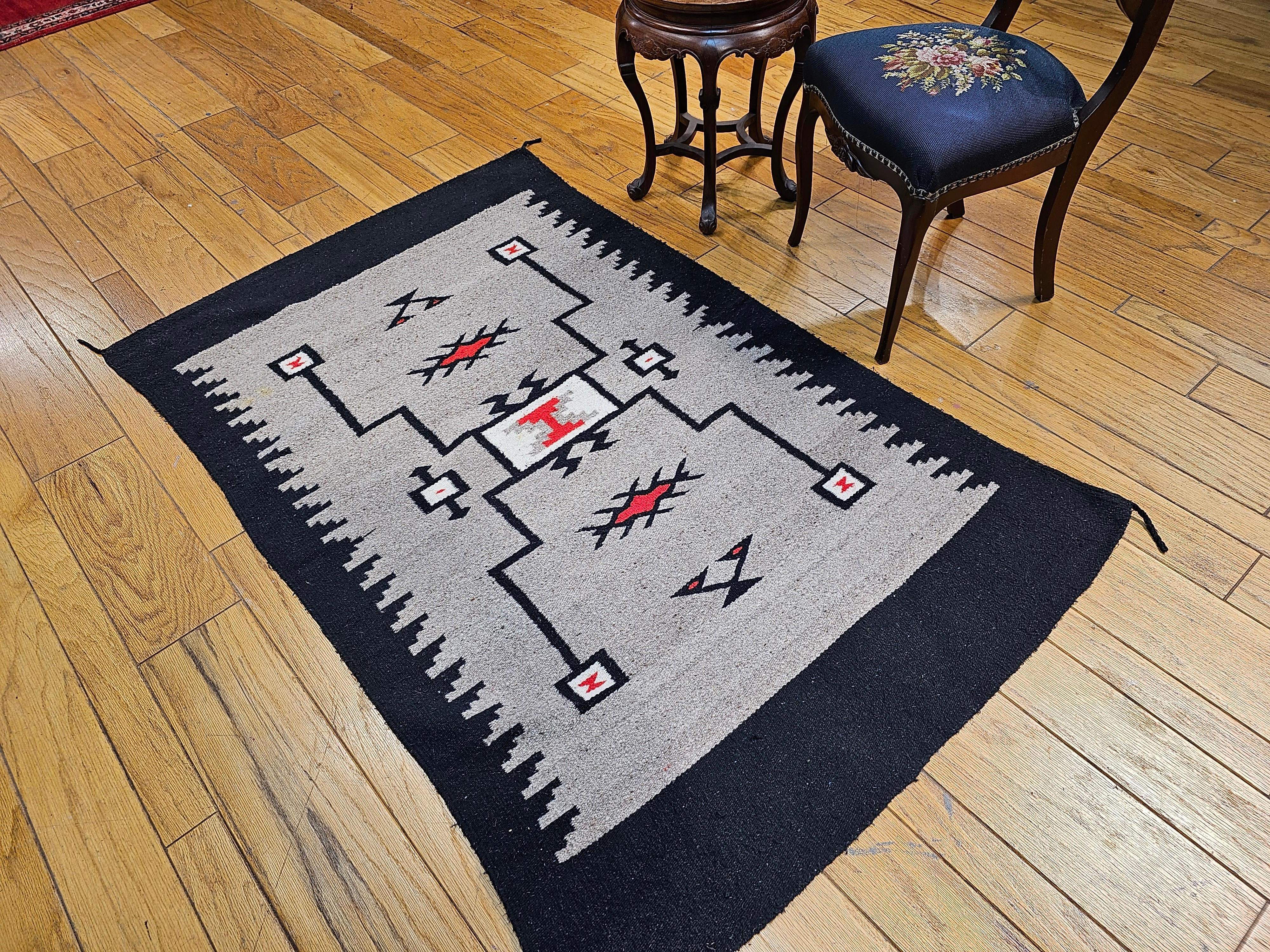 20th Century Vintage Native American Navajo Storm Pattern Area Rug in Gray, Ivory, Red, Black For Sale