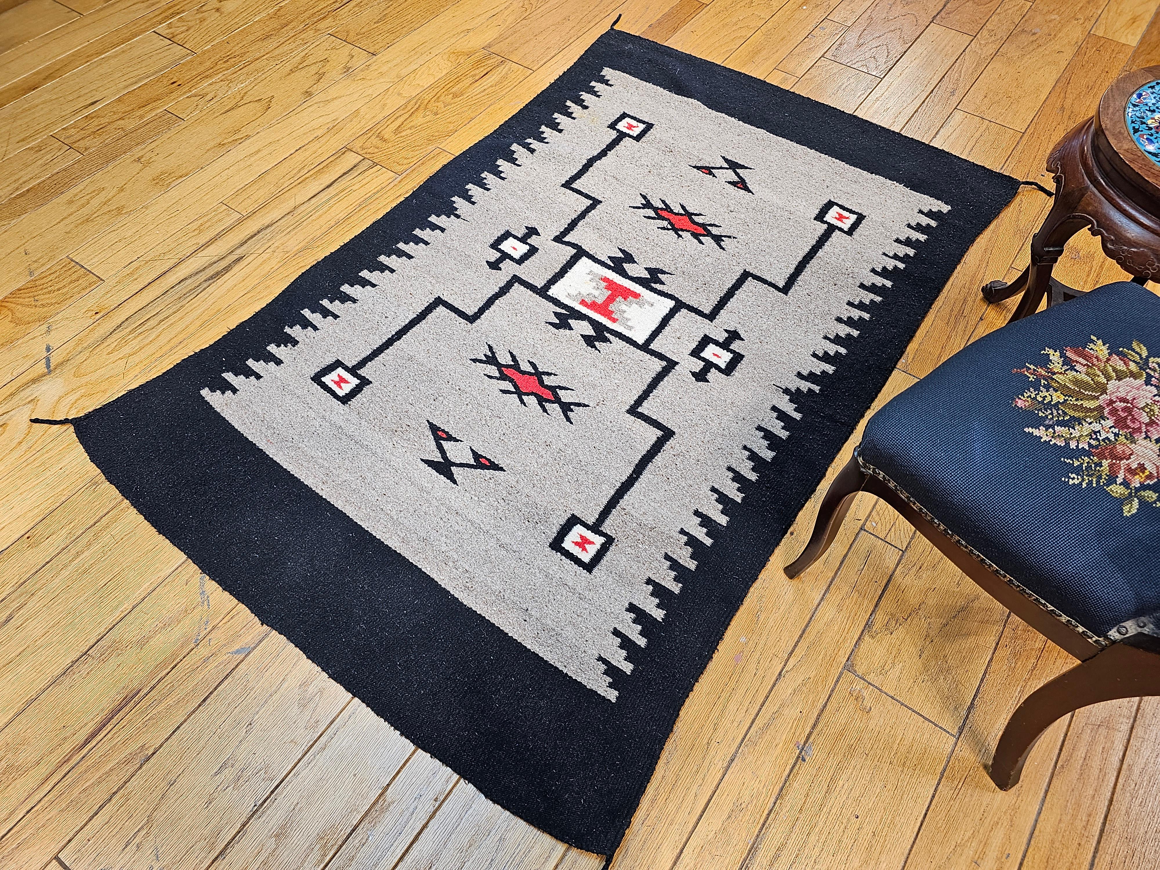 Wool Vintage Native American Navajo Storm Pattern Area Rug in Gray, Ivory, Red, Black For Sale