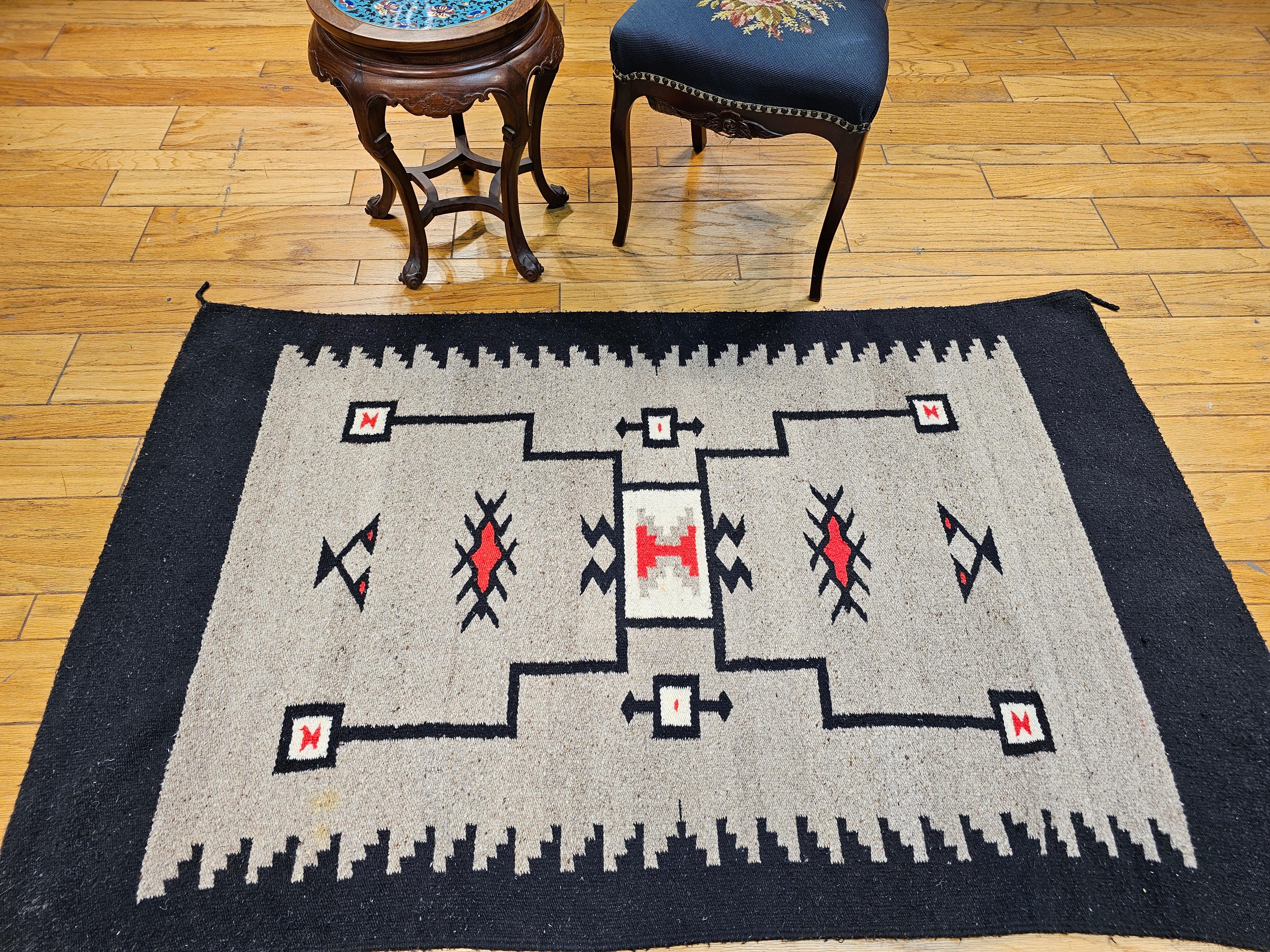 Vintage Native American Navajo Storm Pattern Area Rug in Gray, Ivory, Red, Black For Sale 1