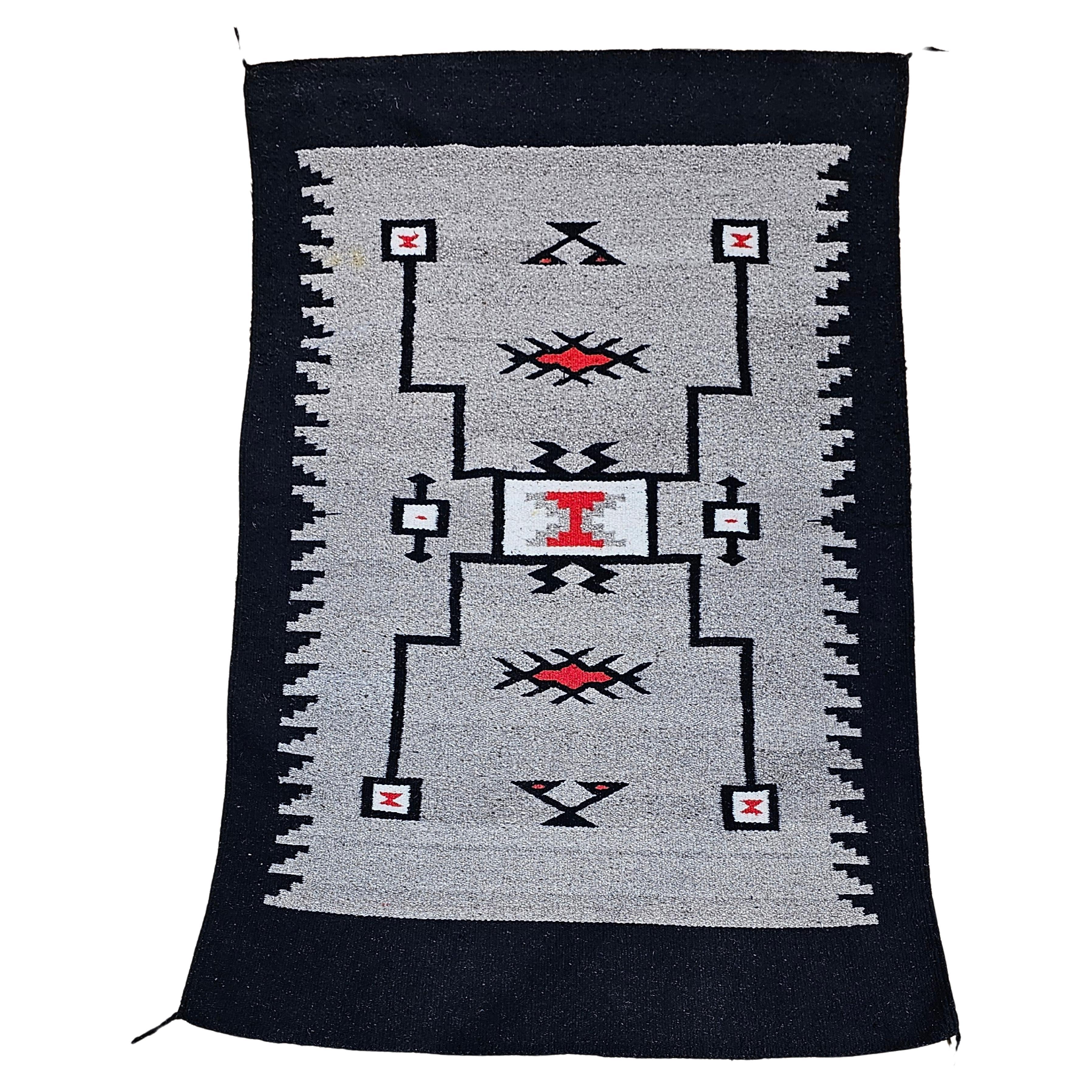 Vintage Native American Navajo Storm Pattern Area Rug in Gray, Ivory, Red, Black For Sale