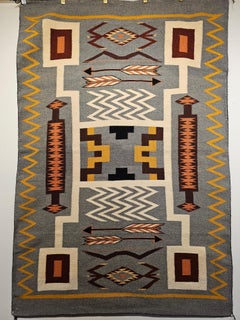 Circa 1930 Navajo Storm Pattern Rug by Geraldine Johnson in Gray, Ivory, Brown