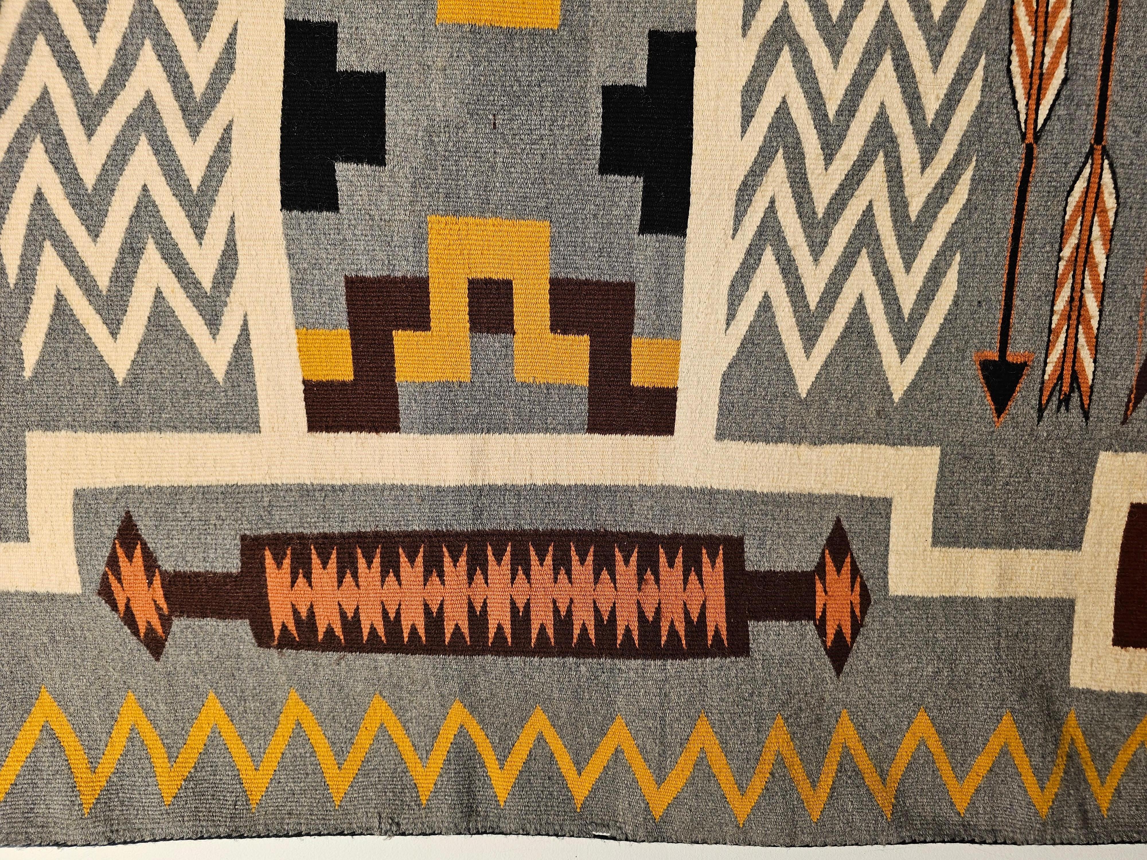Vintage American Navajo Storm Dancer Pattern in Ivory, Gray, Brown, Pumpkin In Good Condition For Sale In Barrington, IL