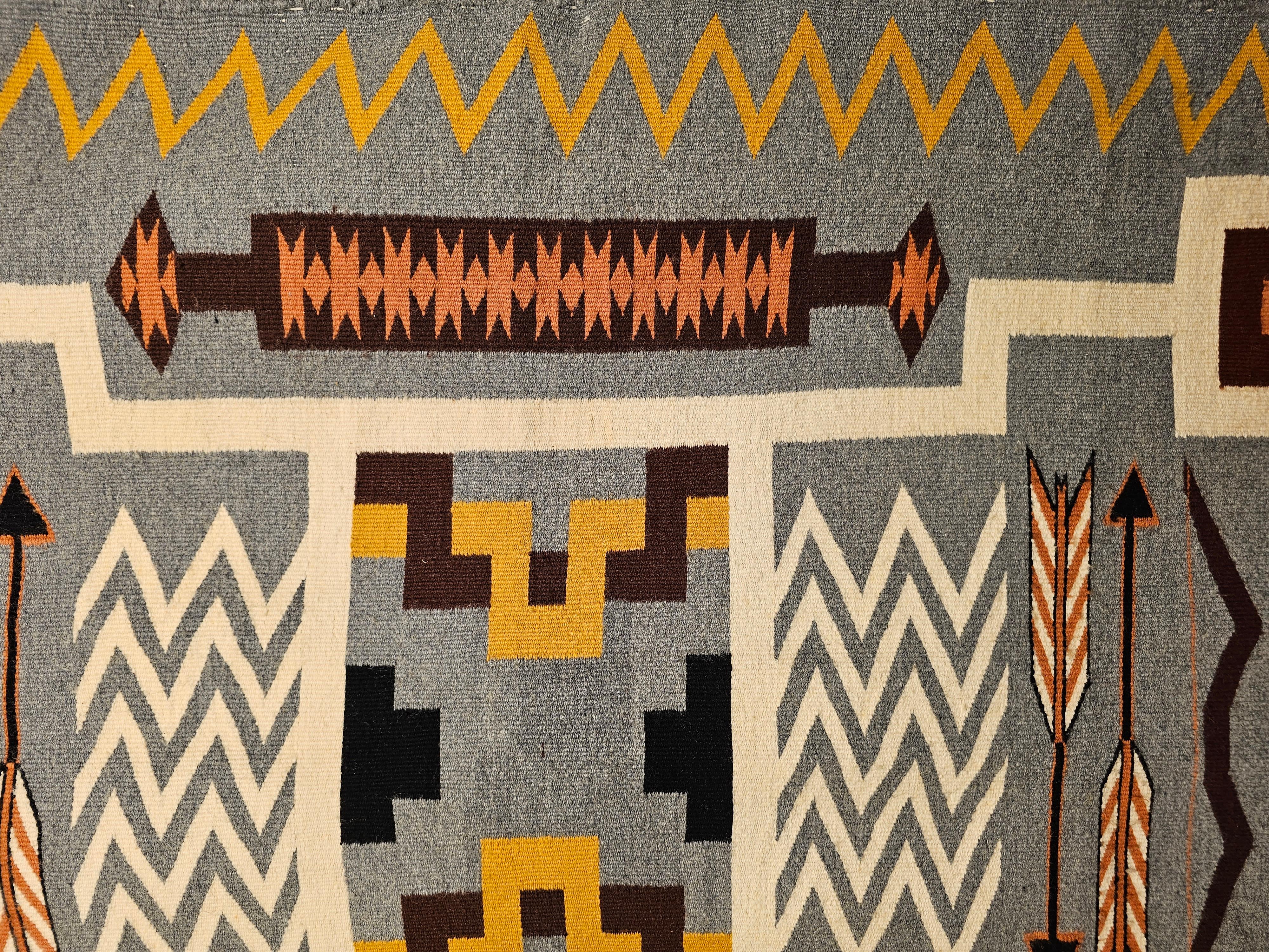 20th Century Vintage American Navajo Storm Dancer Pattern in Ivory, Gray, Brown, Pumpkin For Sale