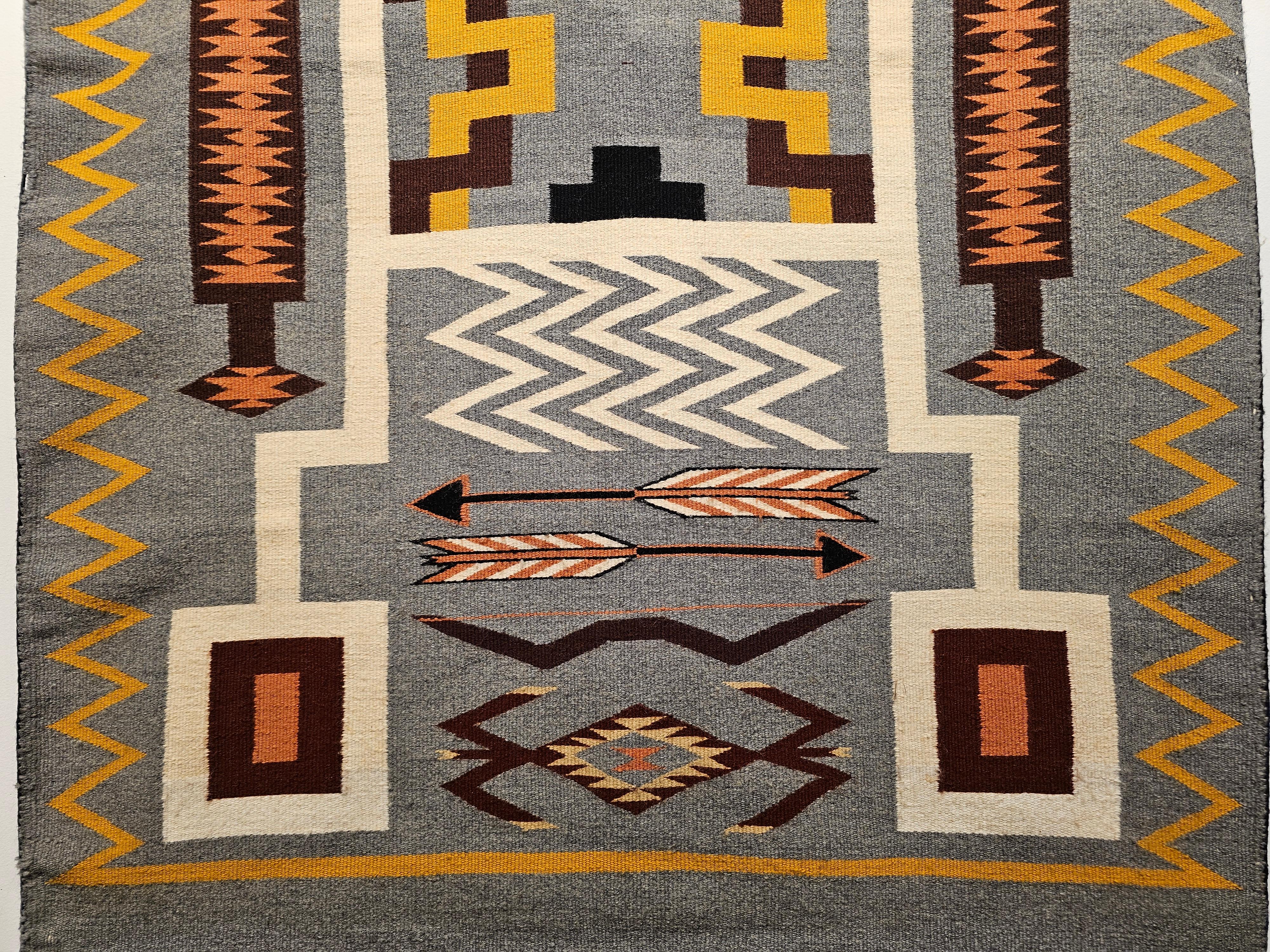 Wool Vintage American Navajo Storm Dancer Pattern in Ivory, Gray, Brown, Pumpkin For Sale