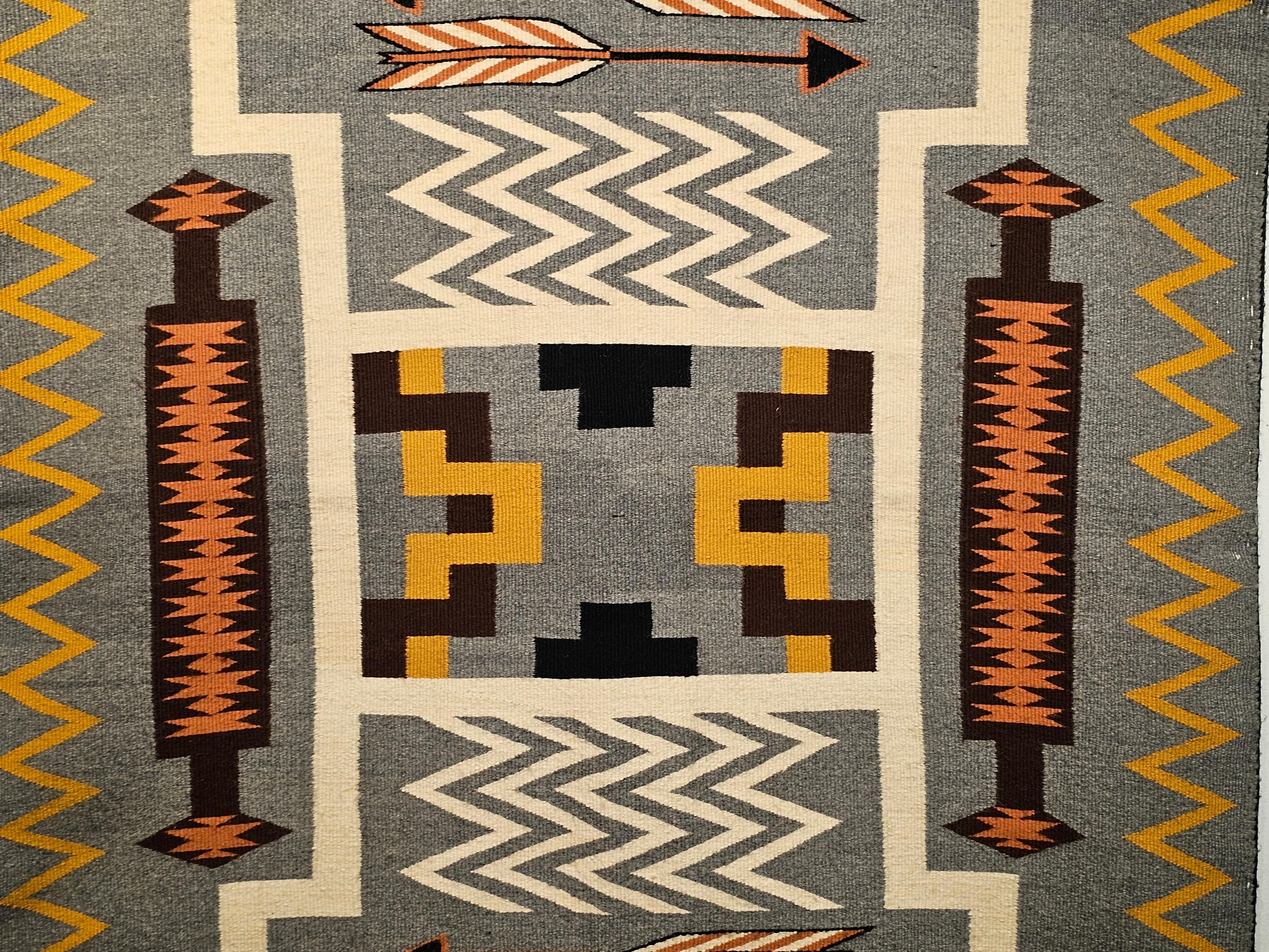 Vintage American Navajo Storm Dancer Pattern in Ivory, Gray, Brown, Pumpkin For Sale 1