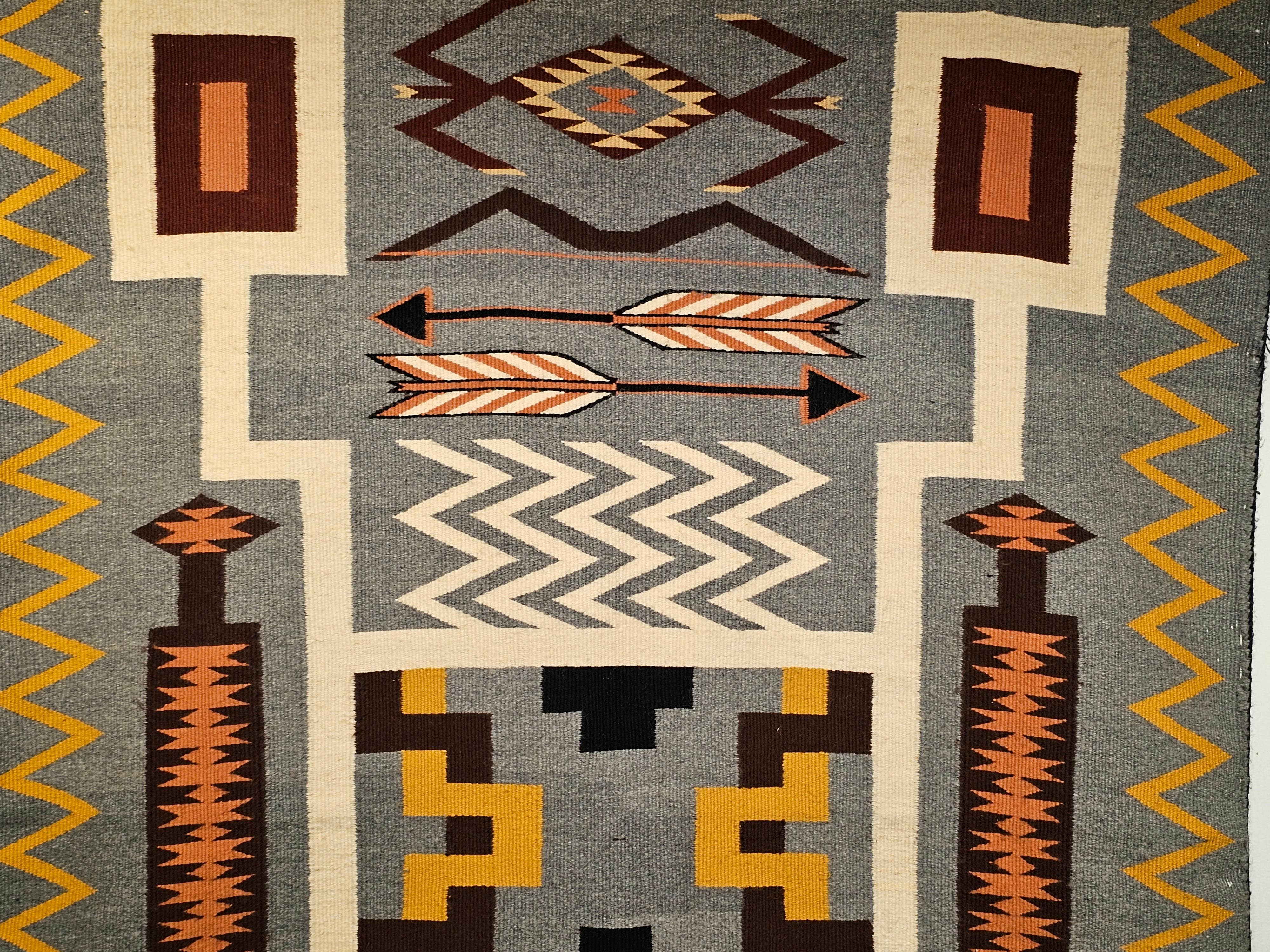 Vintage American Navajo Storm Dancer Pattern in Ivory, Gray, Brown, Pumpkin For Sale 2