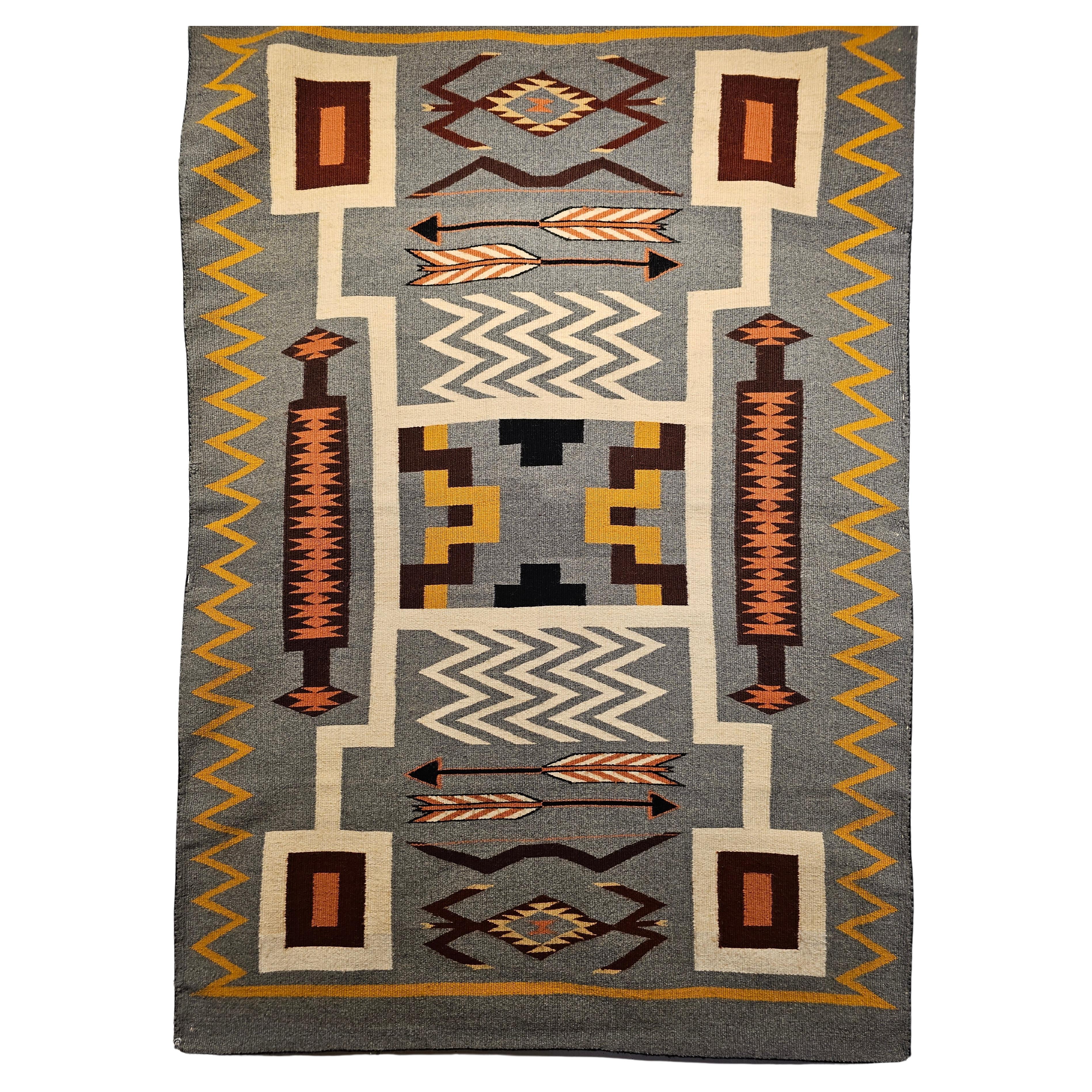Vintage American Navajo Storm Dancer Pattern in Ivory, Gray, Brown, Pumpkin