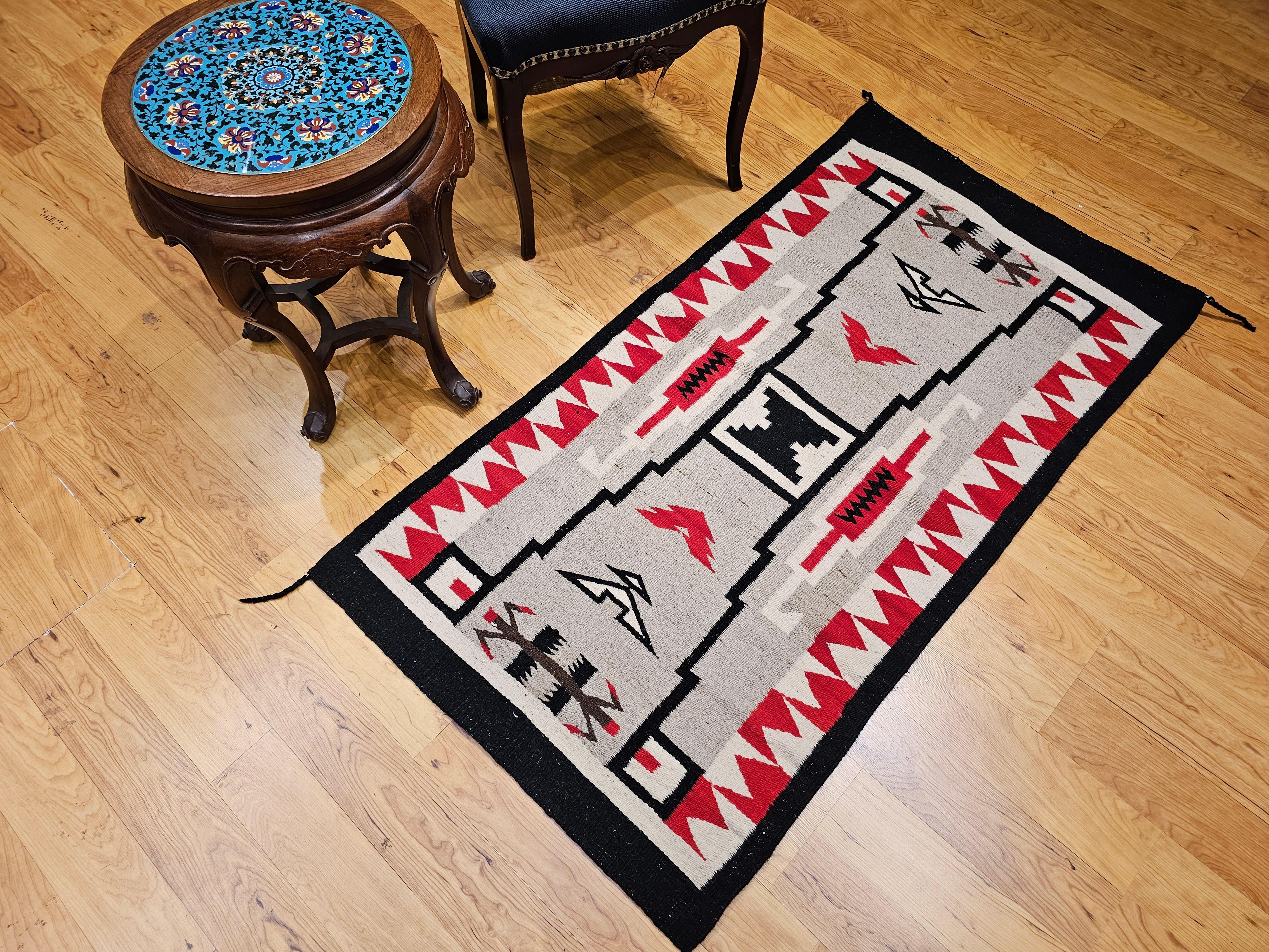 Vintage Native American Navajo Storm Warrior Rug in Gray, Ivory, Red, Black For Sale 5