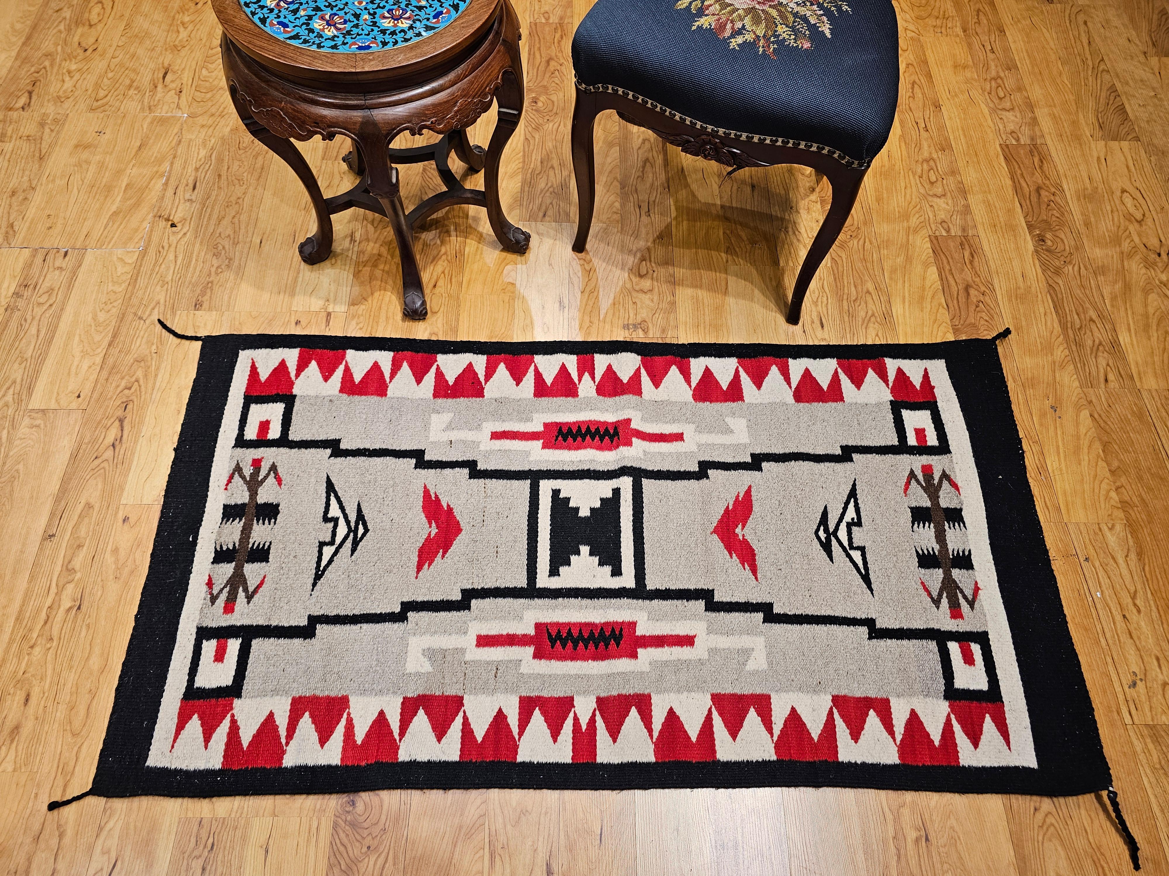 Vintage Native American Navajo Storm Warrior Rug in Gray, Ivory, Red, Black For Sale 6