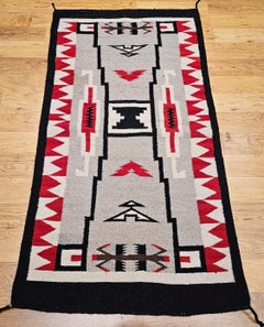 Vintage Native American Navajo Storm Warrior Rug in Gray, Ivory, Red, Black