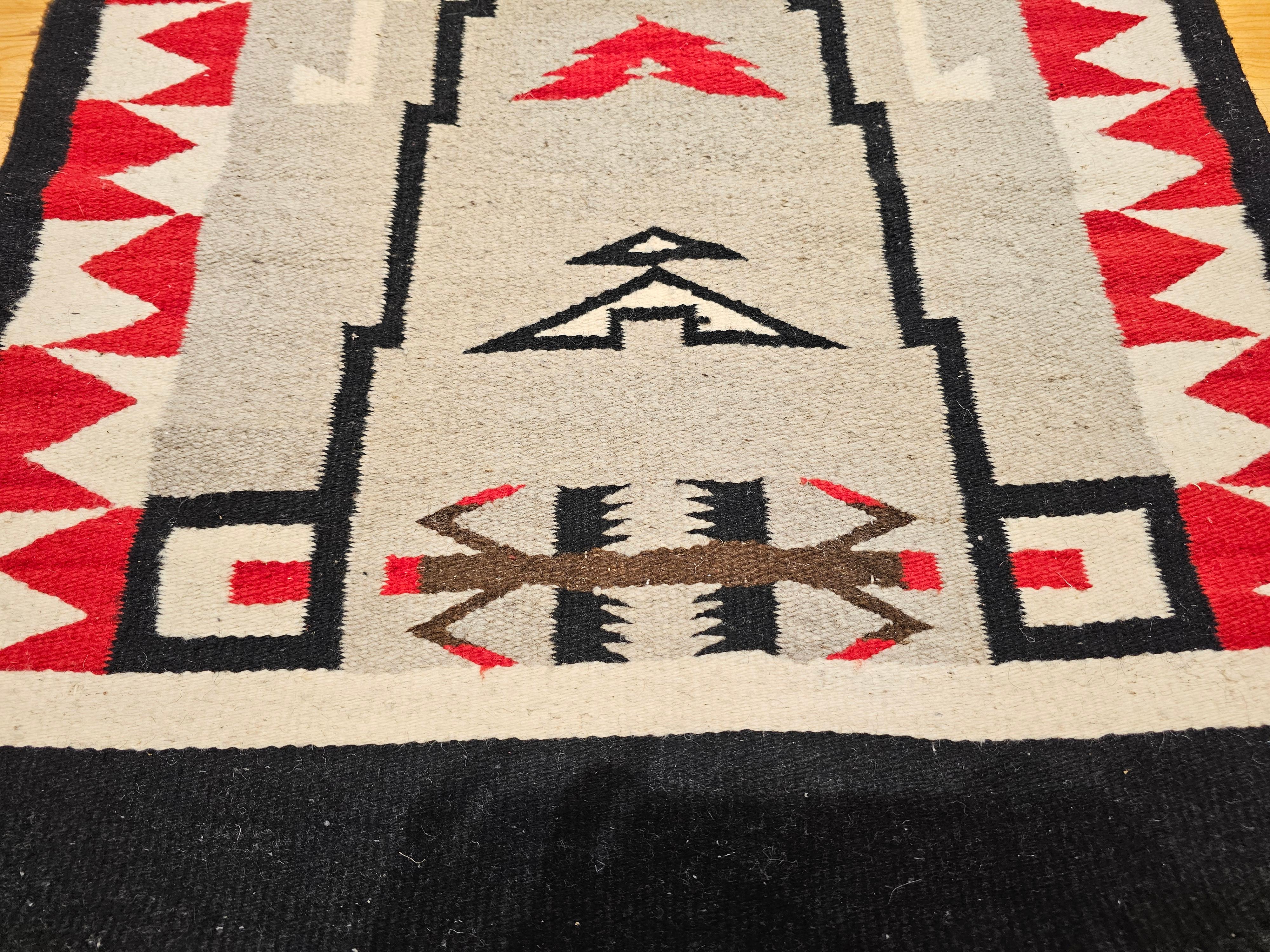 Hand-Woven Vintage Native American Navajo Storm Warrior Rug in Gray, Ivory, Red, Black For Sale