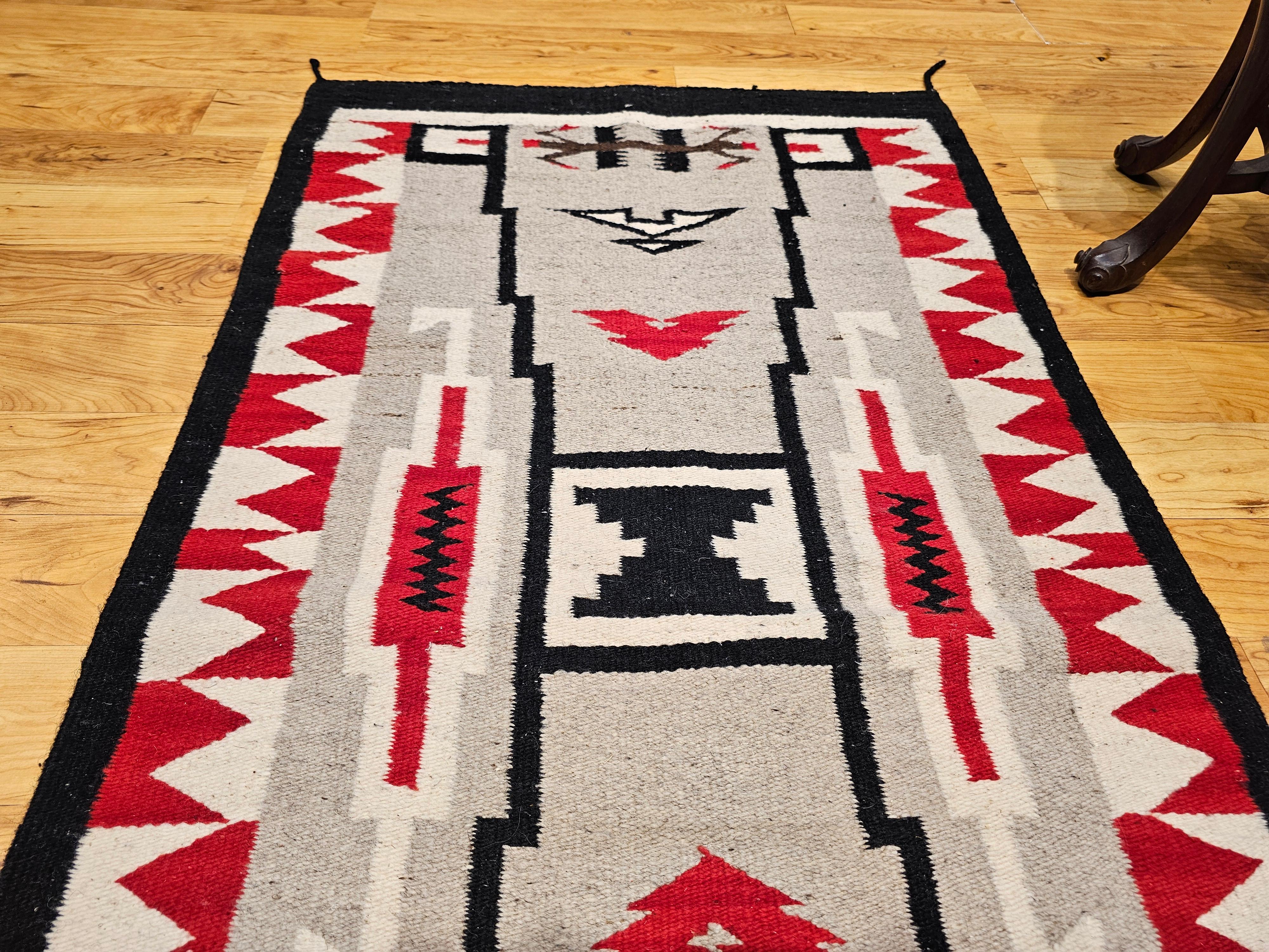 20th Century Vintage Native American Navajo Storm Warrior Rug in Gray, Ivory, Red, Black For Sale