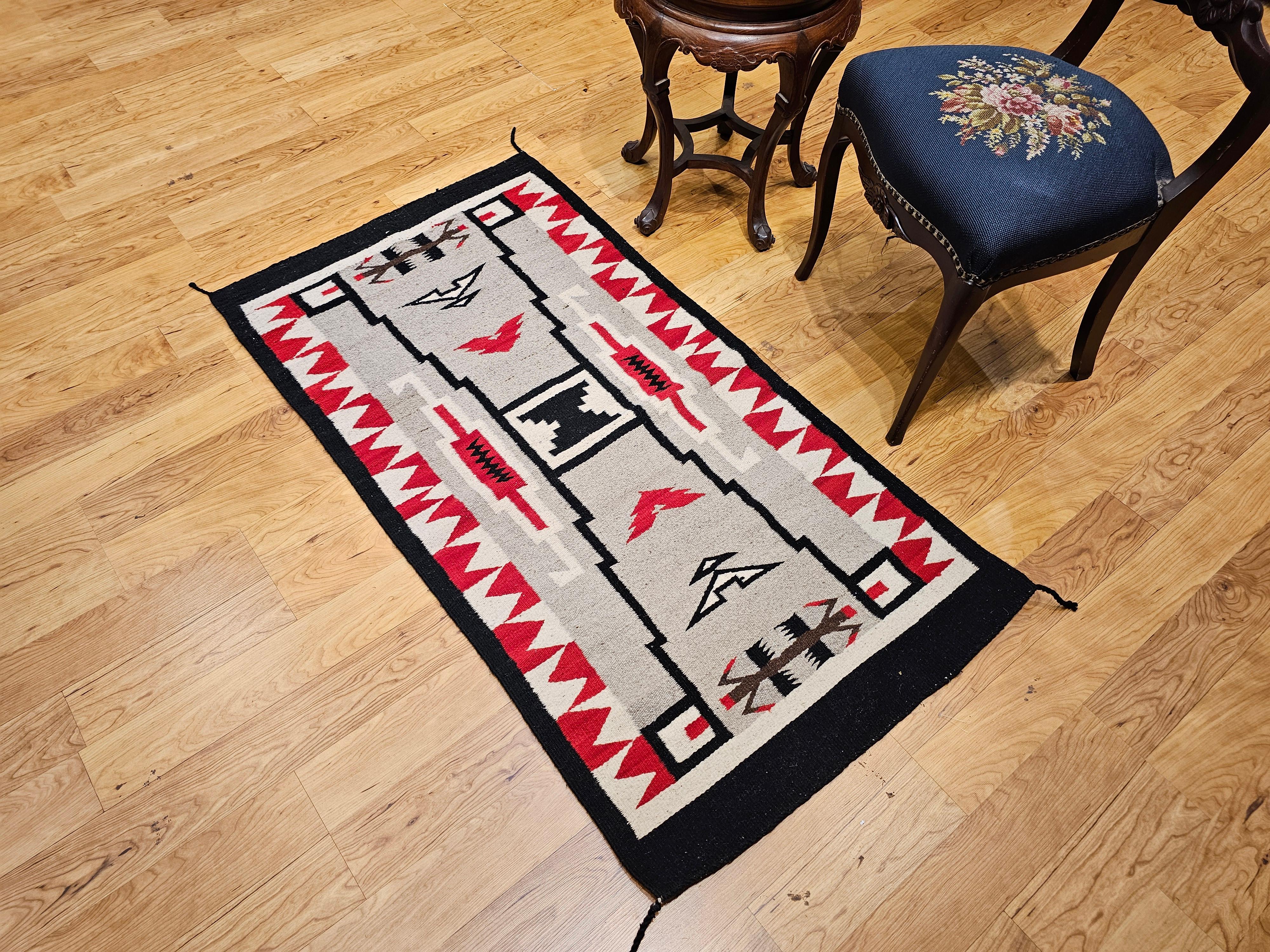 Wool Vintage Native American Navajo Storm Warrior Rug in Gray, Ivory, Red, Black For Sale