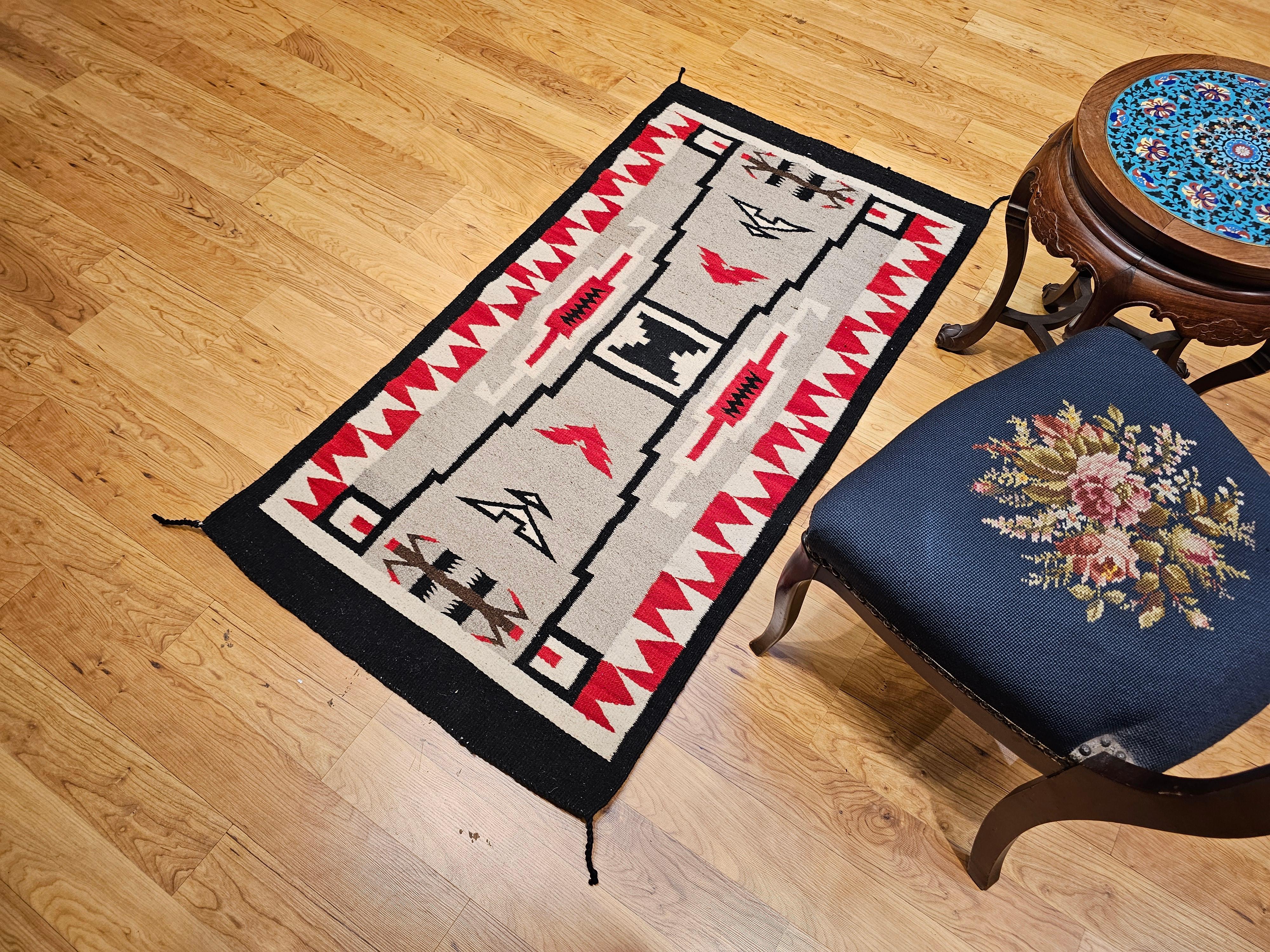 Vintage Native American Navajo Storm Warrior Rug in Gray, Ivory, Red, Black For Sale 2