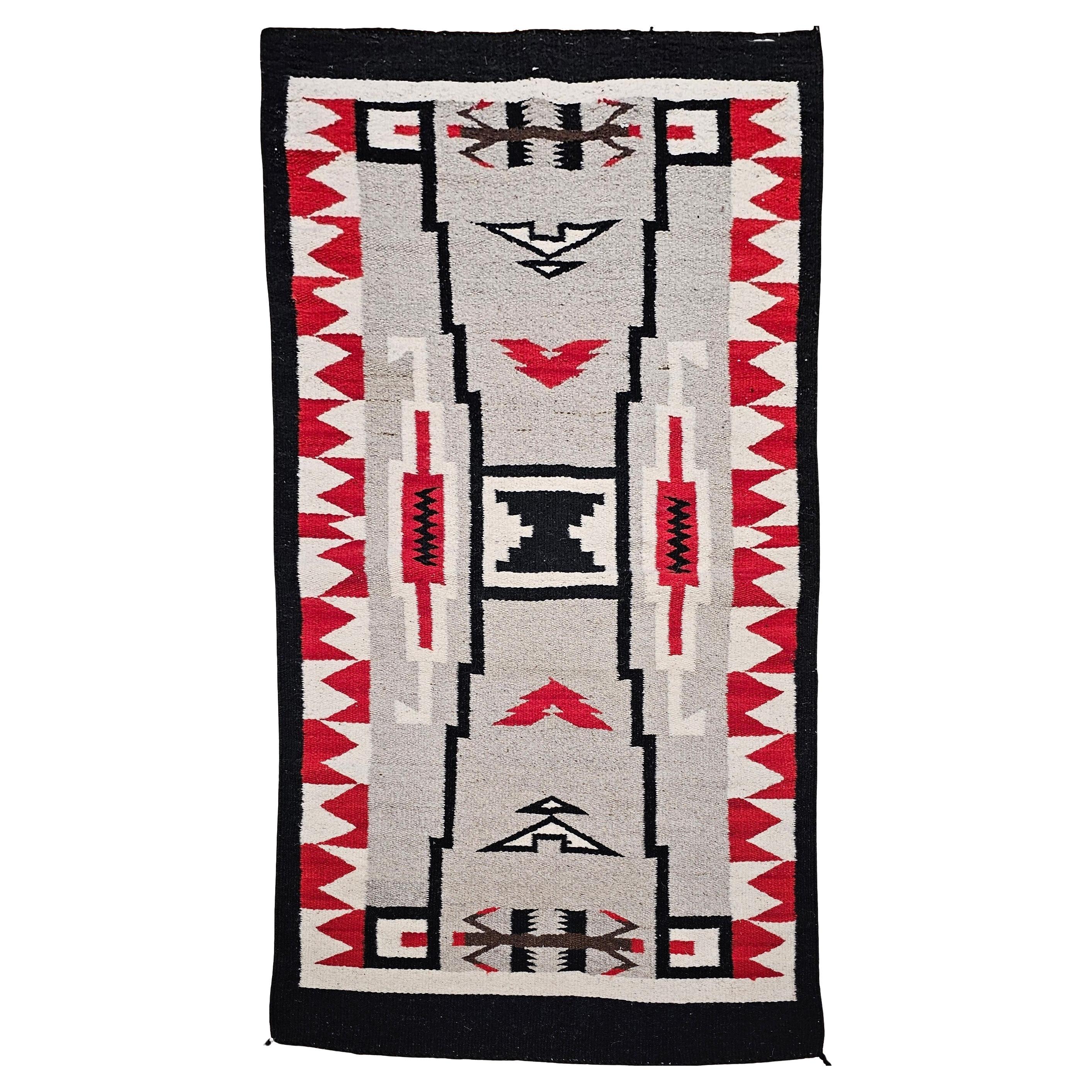 Vintage Native American Navajo Storm Warrior Rug in Gray, Ivory, Red, Black