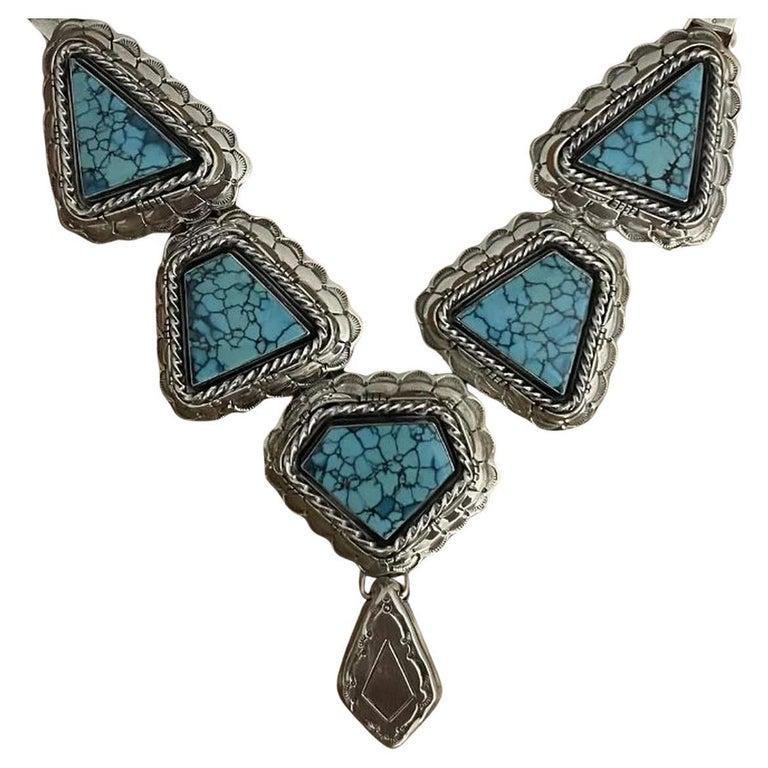 Modernist Vintage Native American Navajo Turquoise Sterling Silver Squash Blossom Necklace For Sale