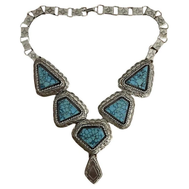 Mixed Cut Vintage Native American Navajo Turquoise Sterling Silver Squash Blossom Necklace For Sale