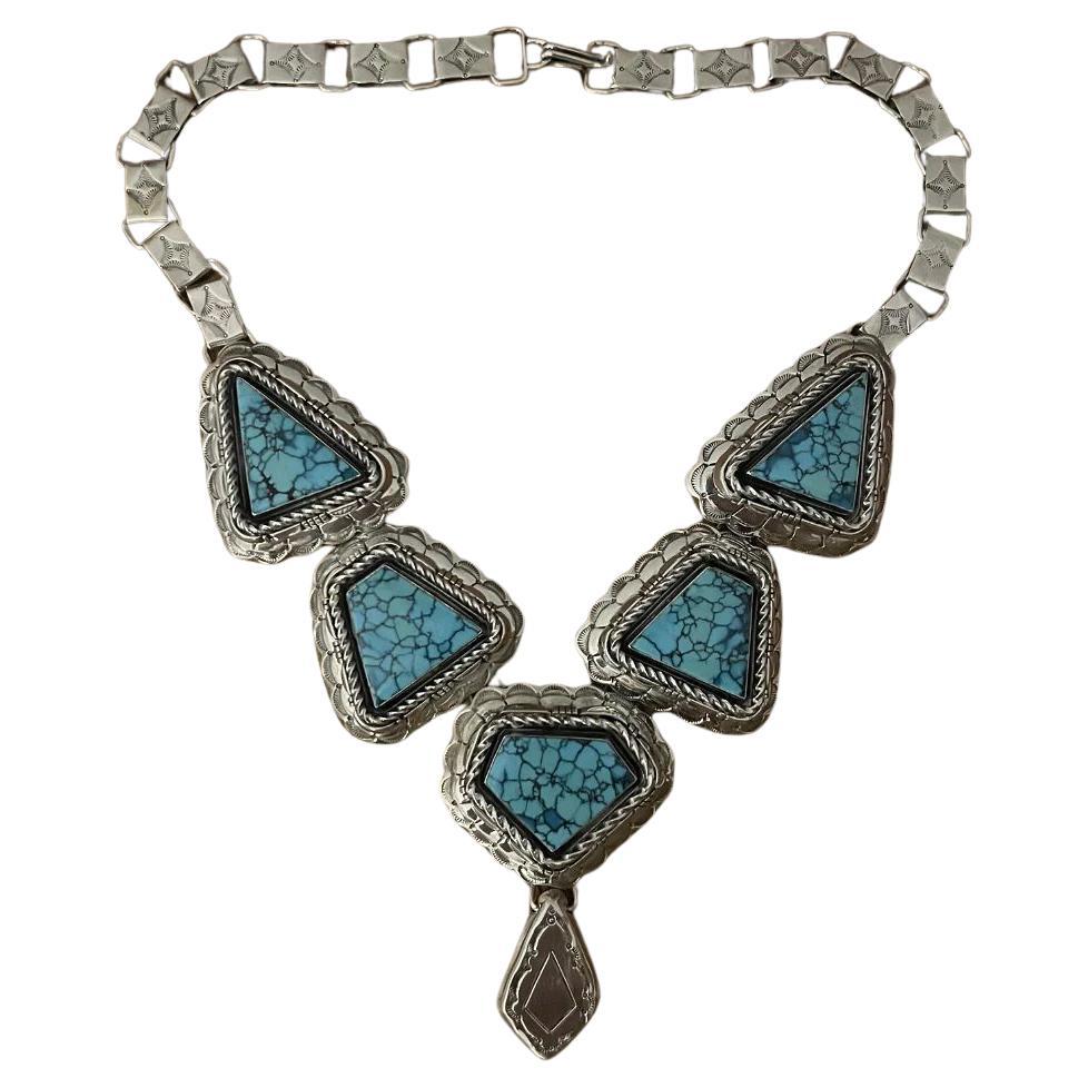 Vintage Native American Navajo Turquoise Sterling Silver Squash Blossom Necklace For Sale