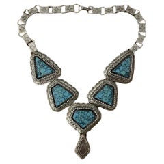 Retro Native American Navajo Turquoise Sterling Silver Squash Blossom Necklace