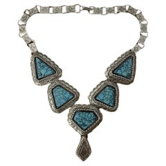 Collier amérindien Navajo vintage fleur de saule en argent sterling et turquoise