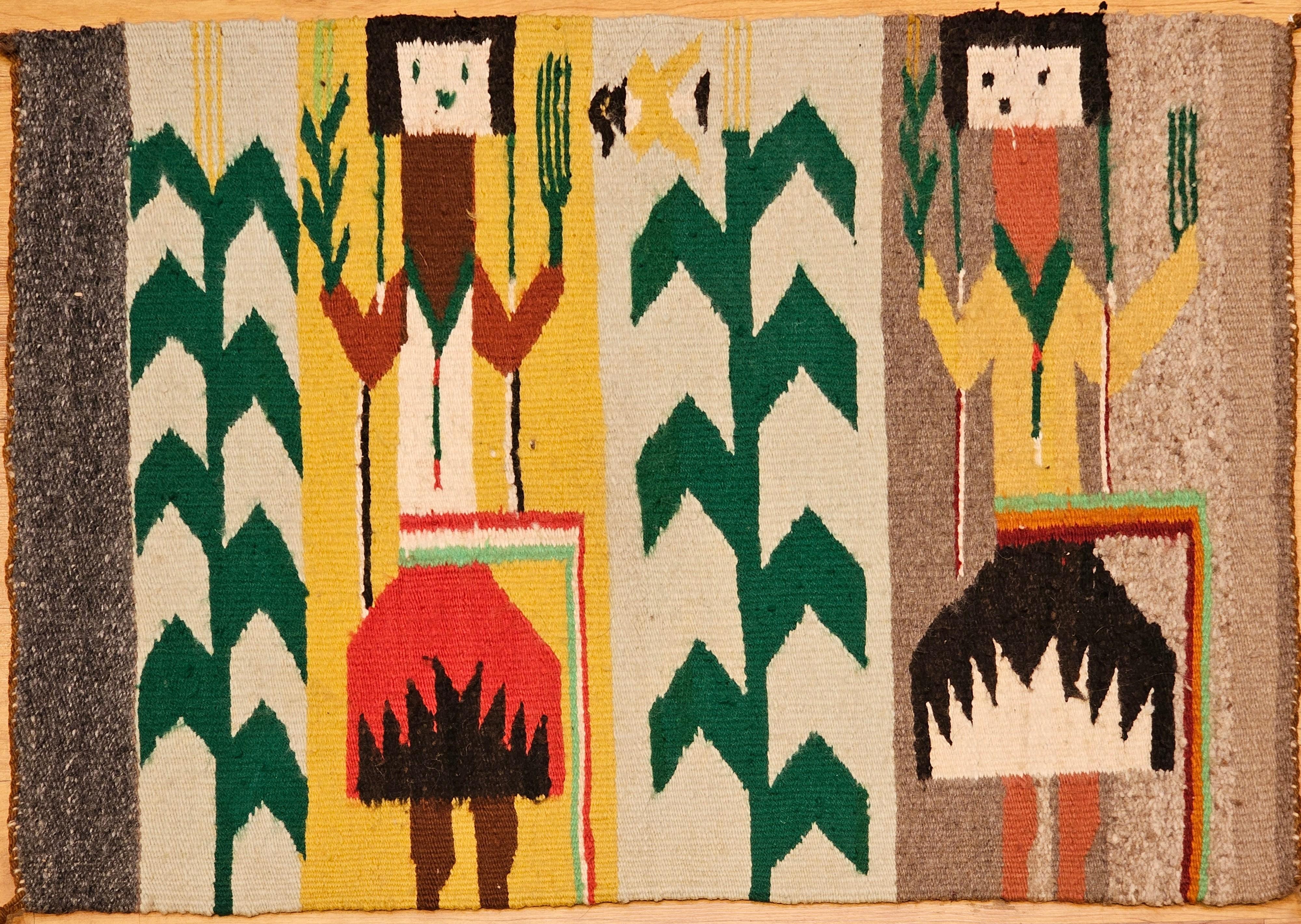 Américain Tapis pictural Navajo Yei amérindien vintage en ivoire, rouge, jaune, vert en vente