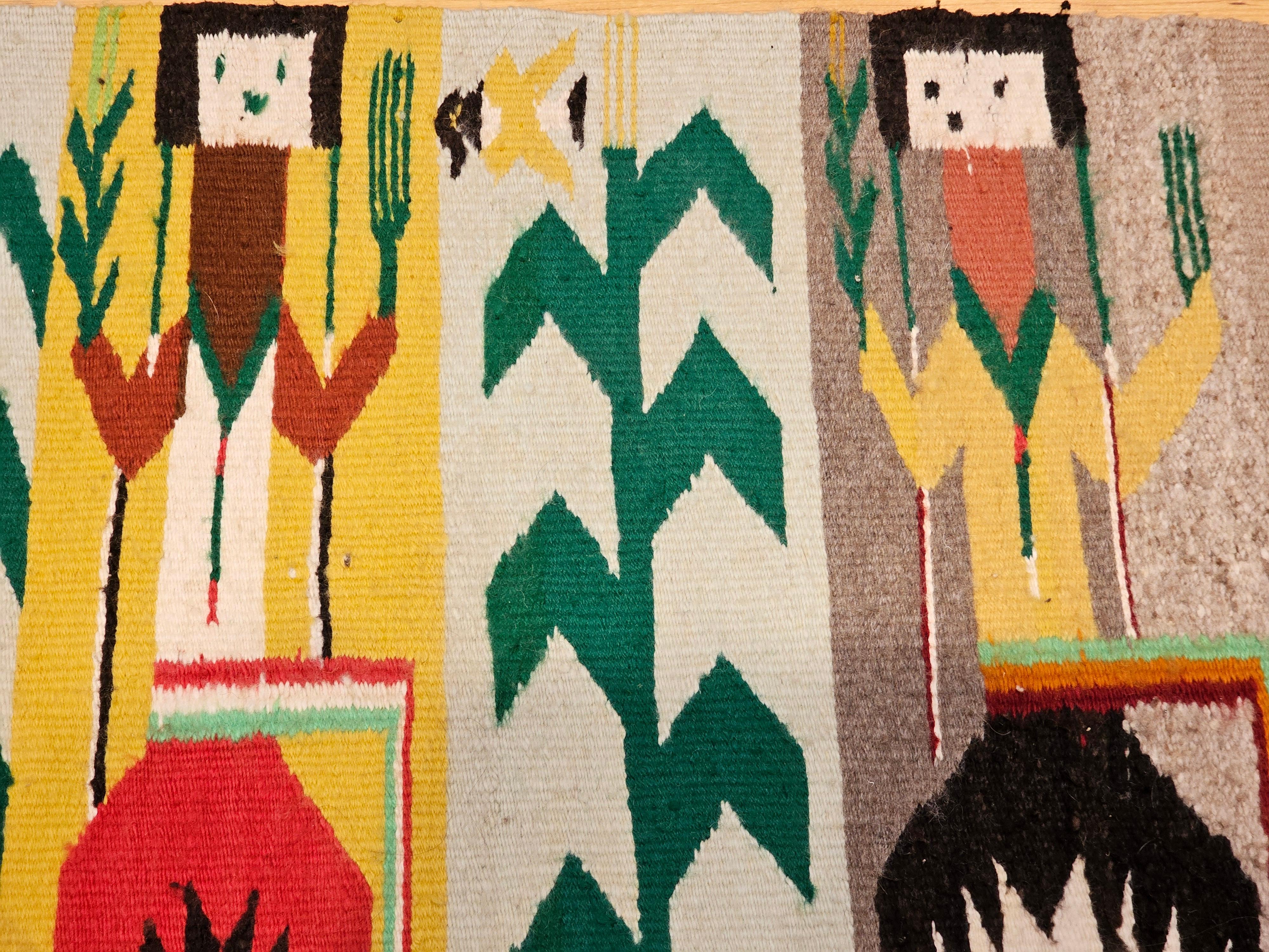 Teinture végétale Tapis pictural Navajo Yei amérindien vintage en ivoire, rouge, jaune, vert en vente