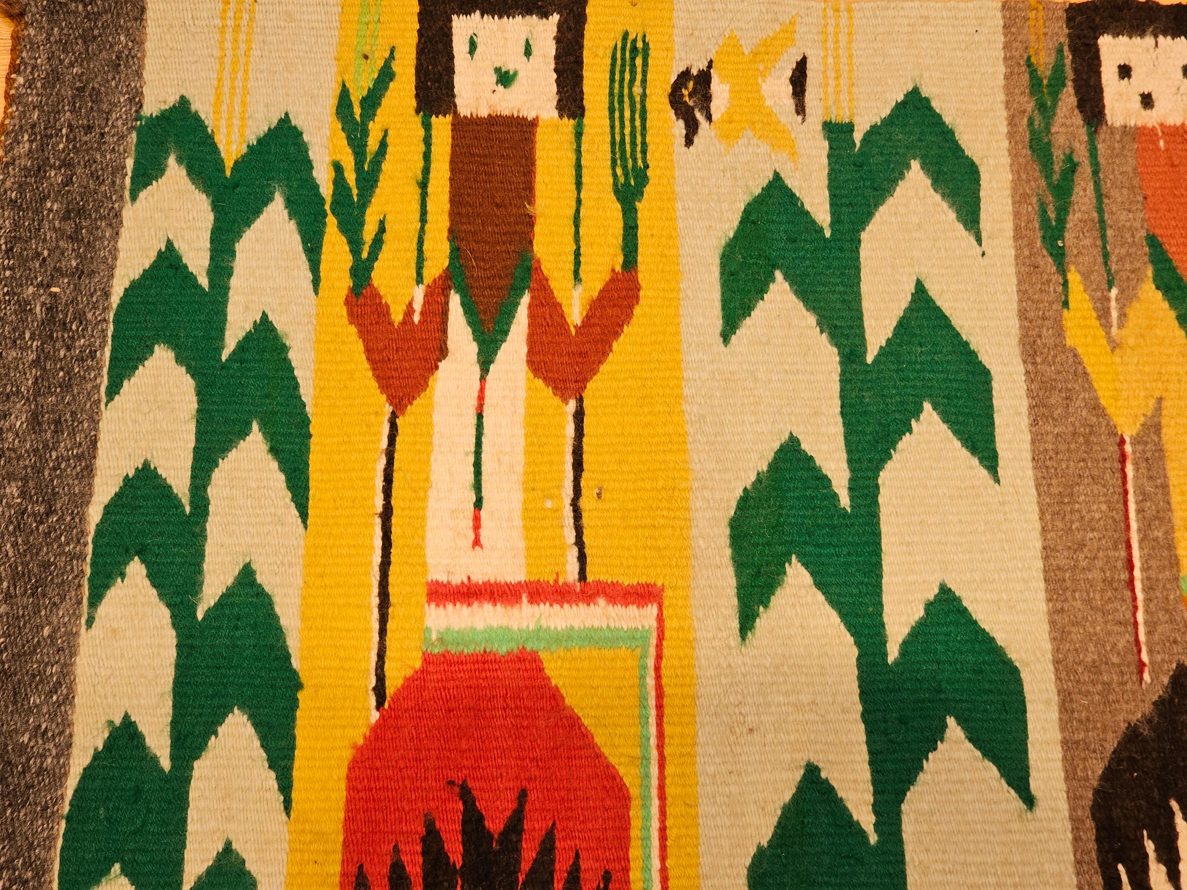 20th Century Vintage Native American Navajo Yei Pictorial Rug in Ivory, Red, Yellow, Green For Sale