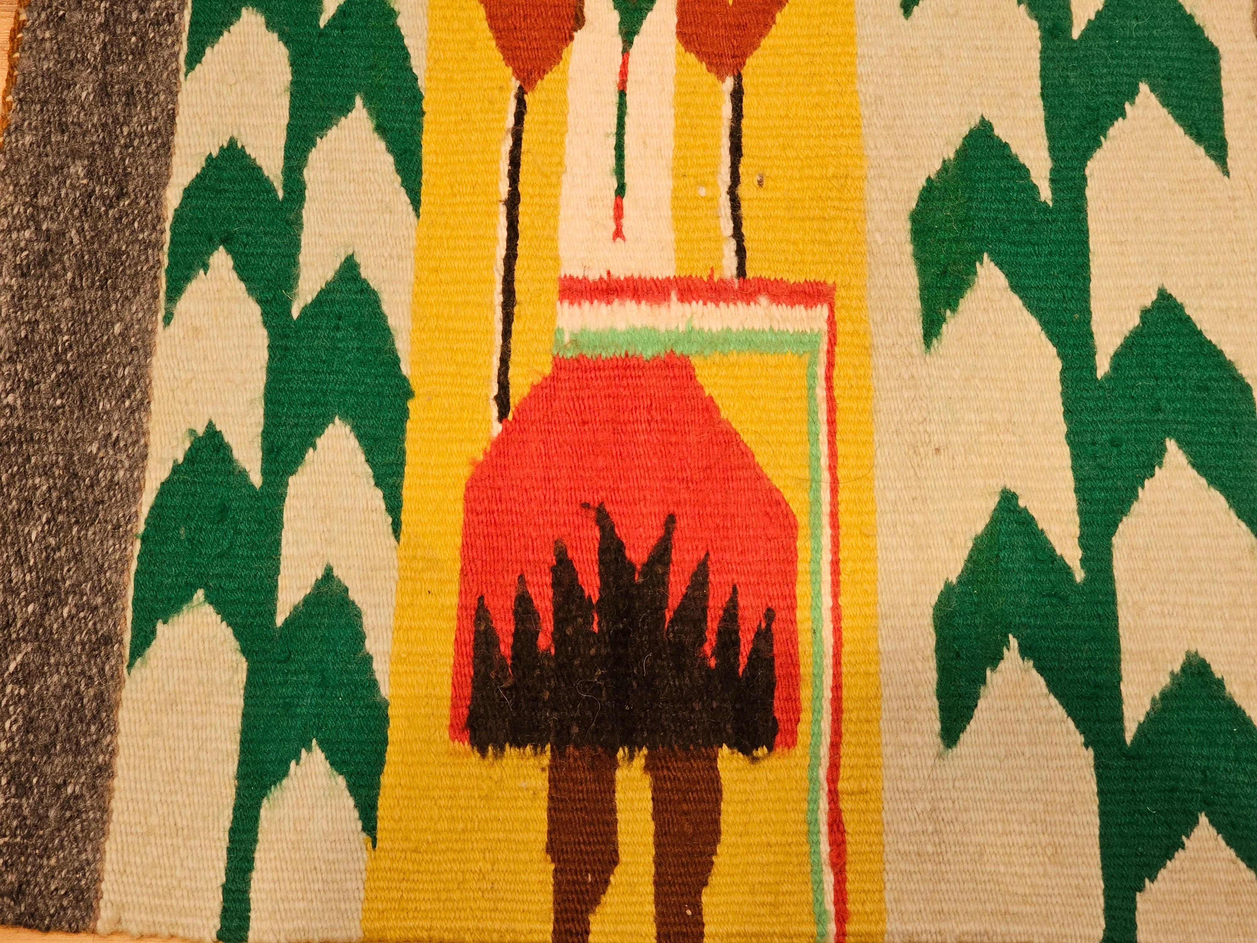 Wool Vintage Native American Navajo Yei Pictorial Rug in Ivory, Red, Yellow, Green For Sale