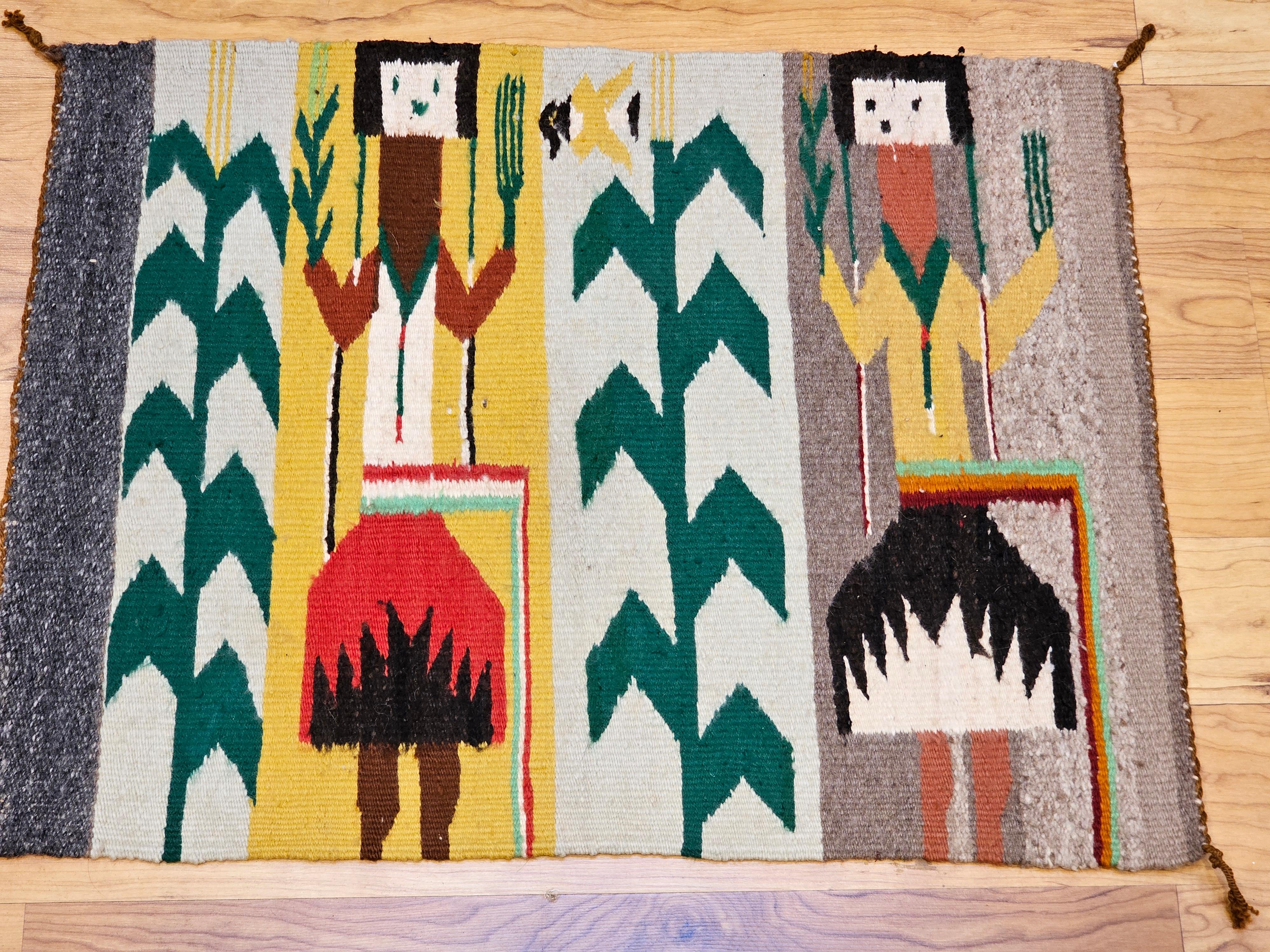 Tapis pictural Navajo Yei amérindien vintage en ivoire, rouge, jaune, vert en vente 1