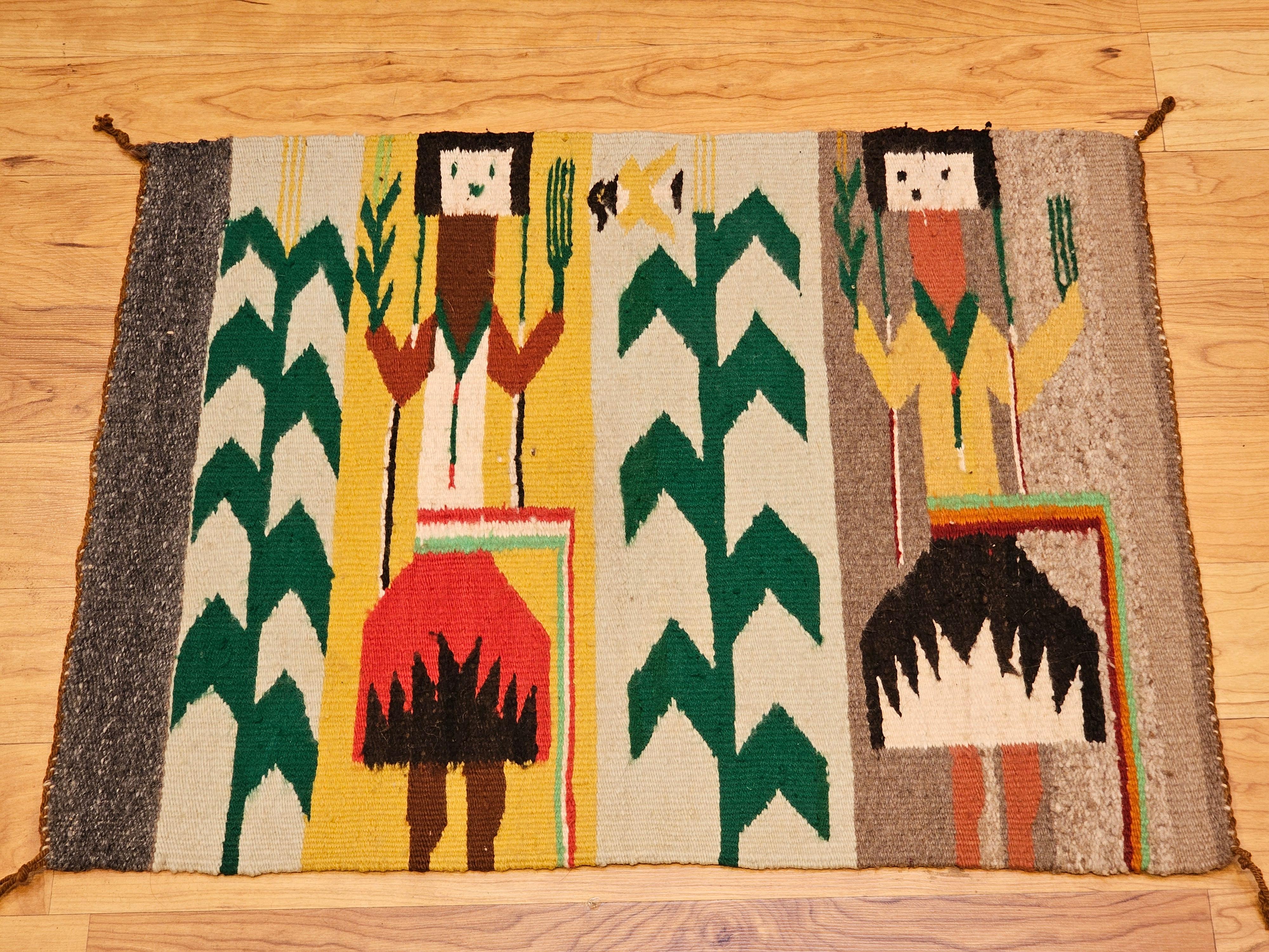 Tapis pictural Navajo Yei amérindien vintage en ivoire, rouge, jaune, vert en vente 2