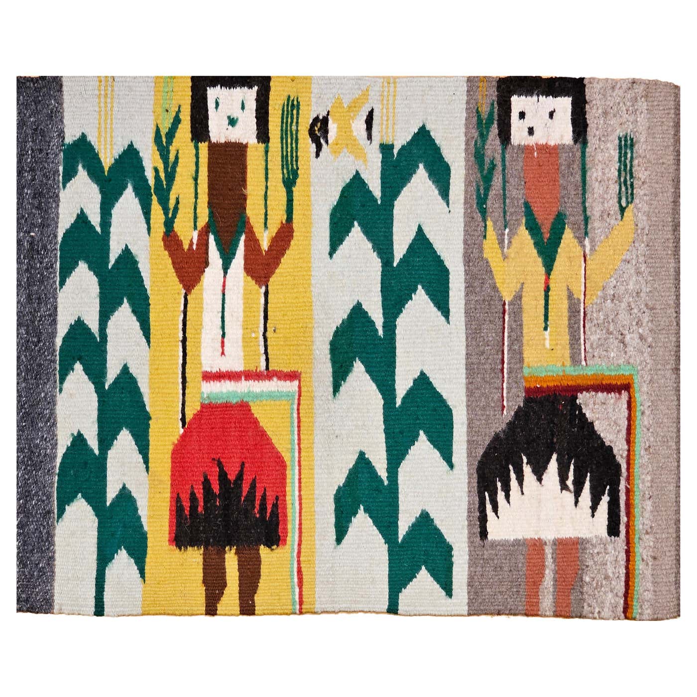 Vintage Native American Navajo Yei Pictorial Rug in Ivory, Red, Yellow ...
