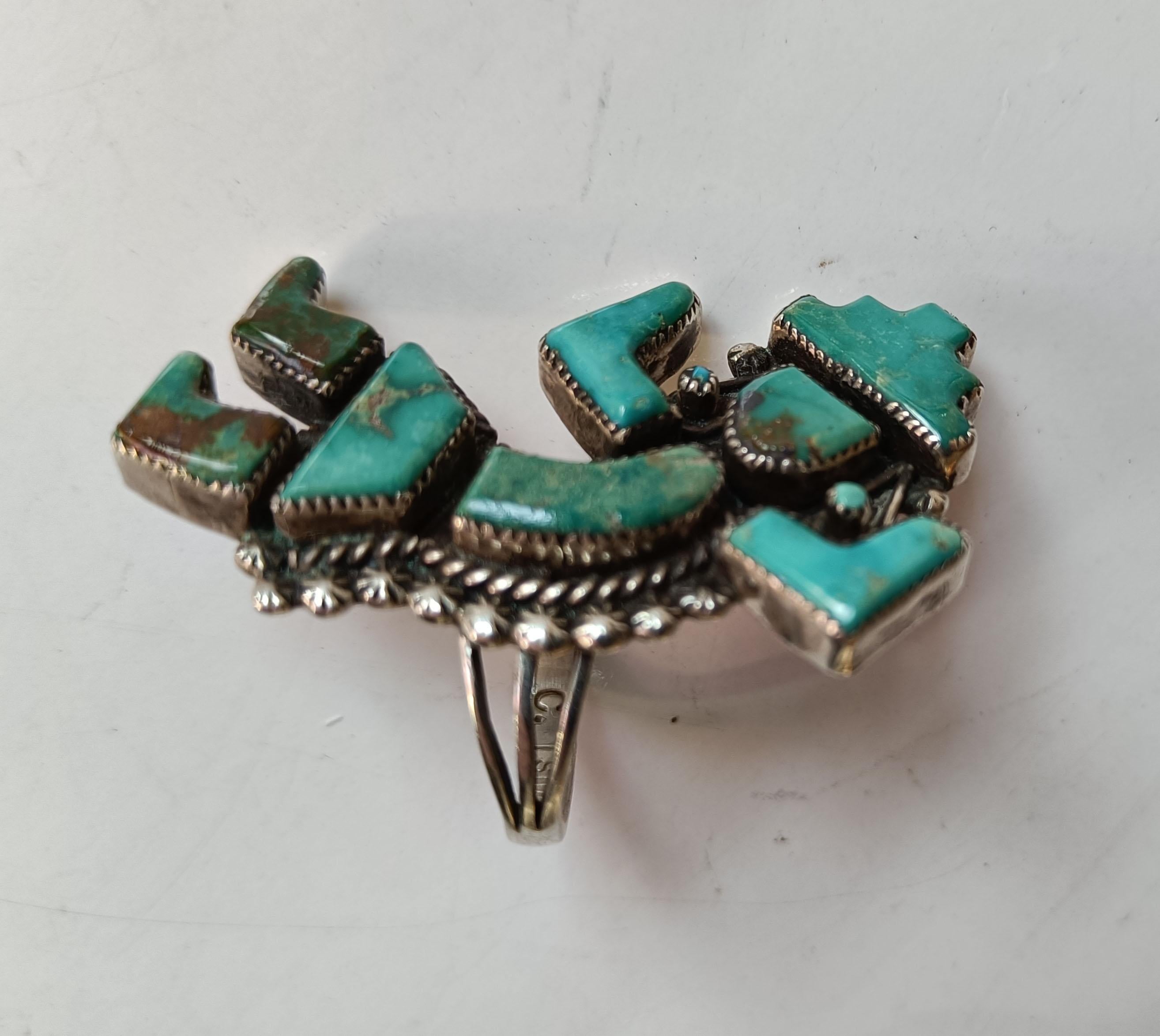 Hand-Crafted Vintage Native American Navajo Zuni Ring Kachina Dancer silver Turquoise For Sale