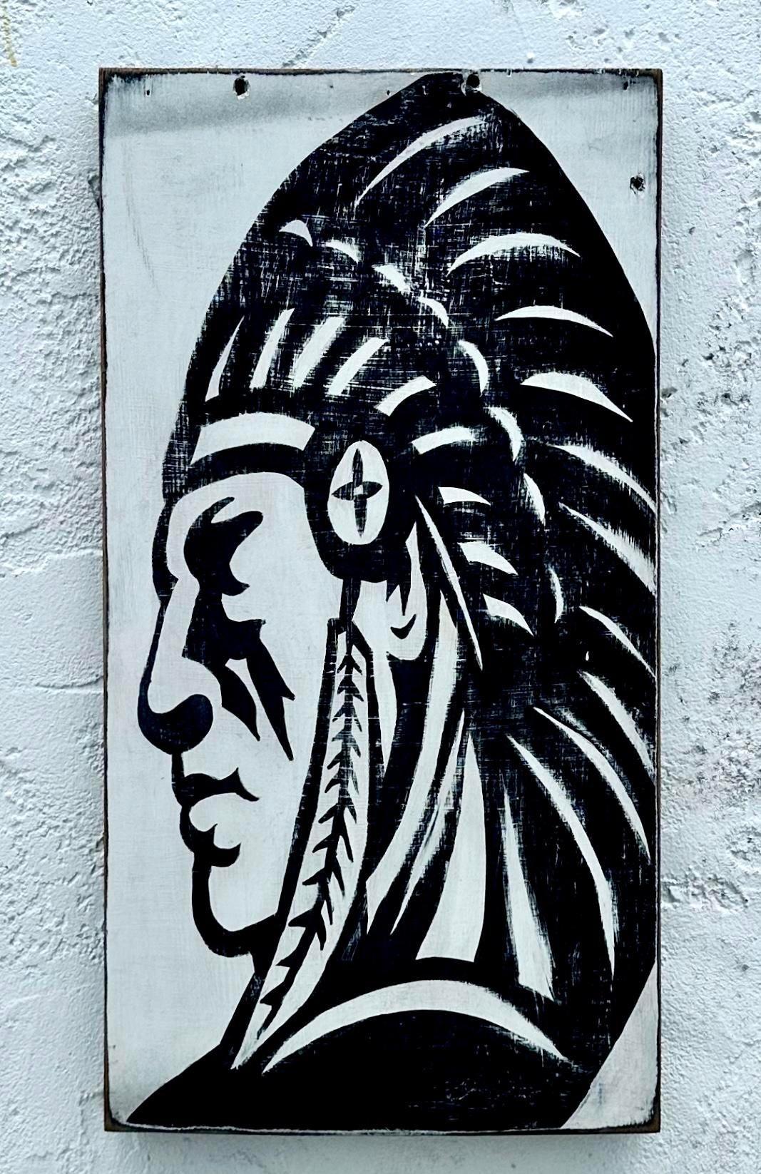 North American Vintage Native American Painting Oil on Wood For Sale