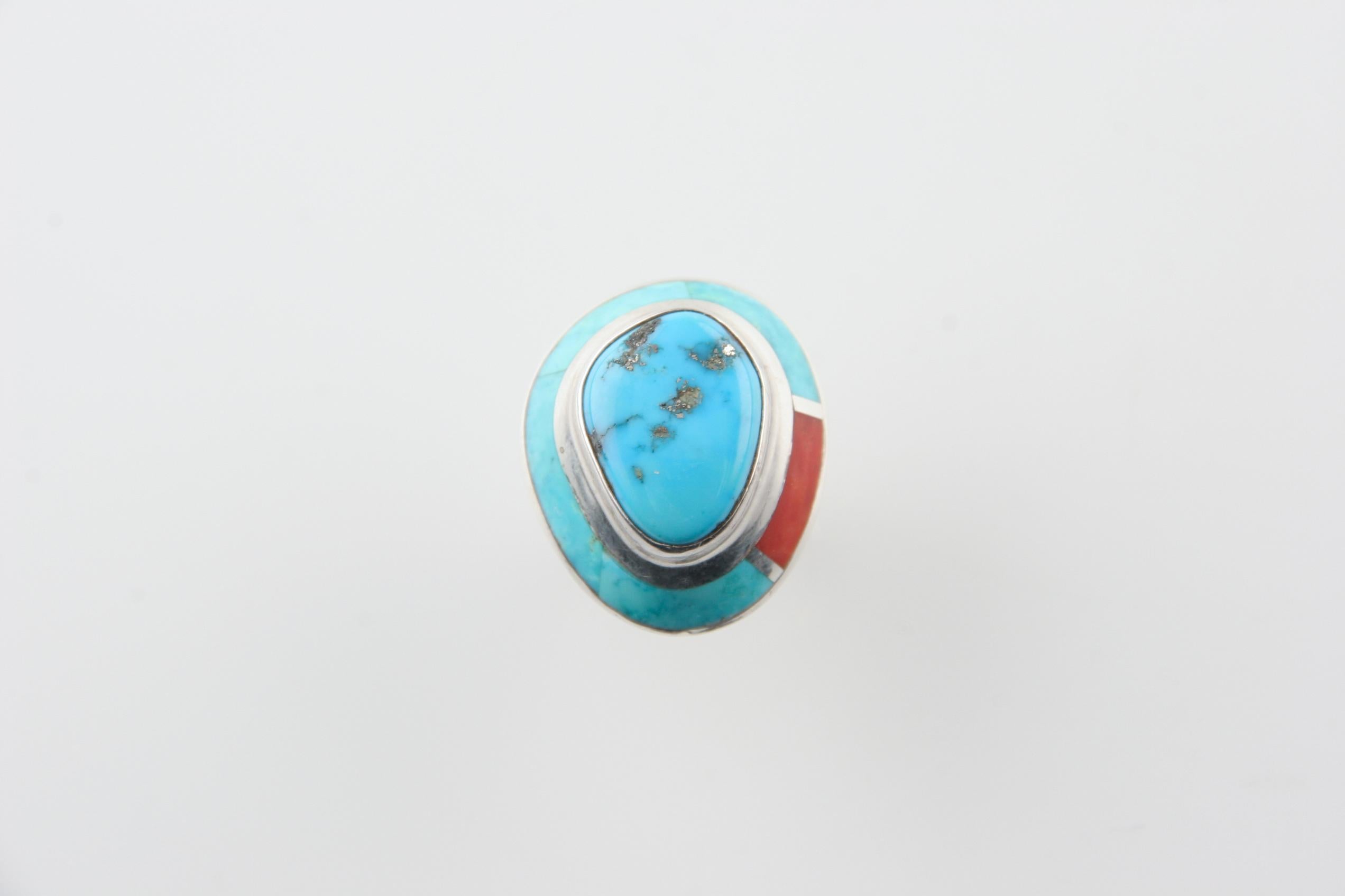 Uncut Vintage Native American Paiute Michael Rogers Turquoise and Coral Ring, Size 4.5