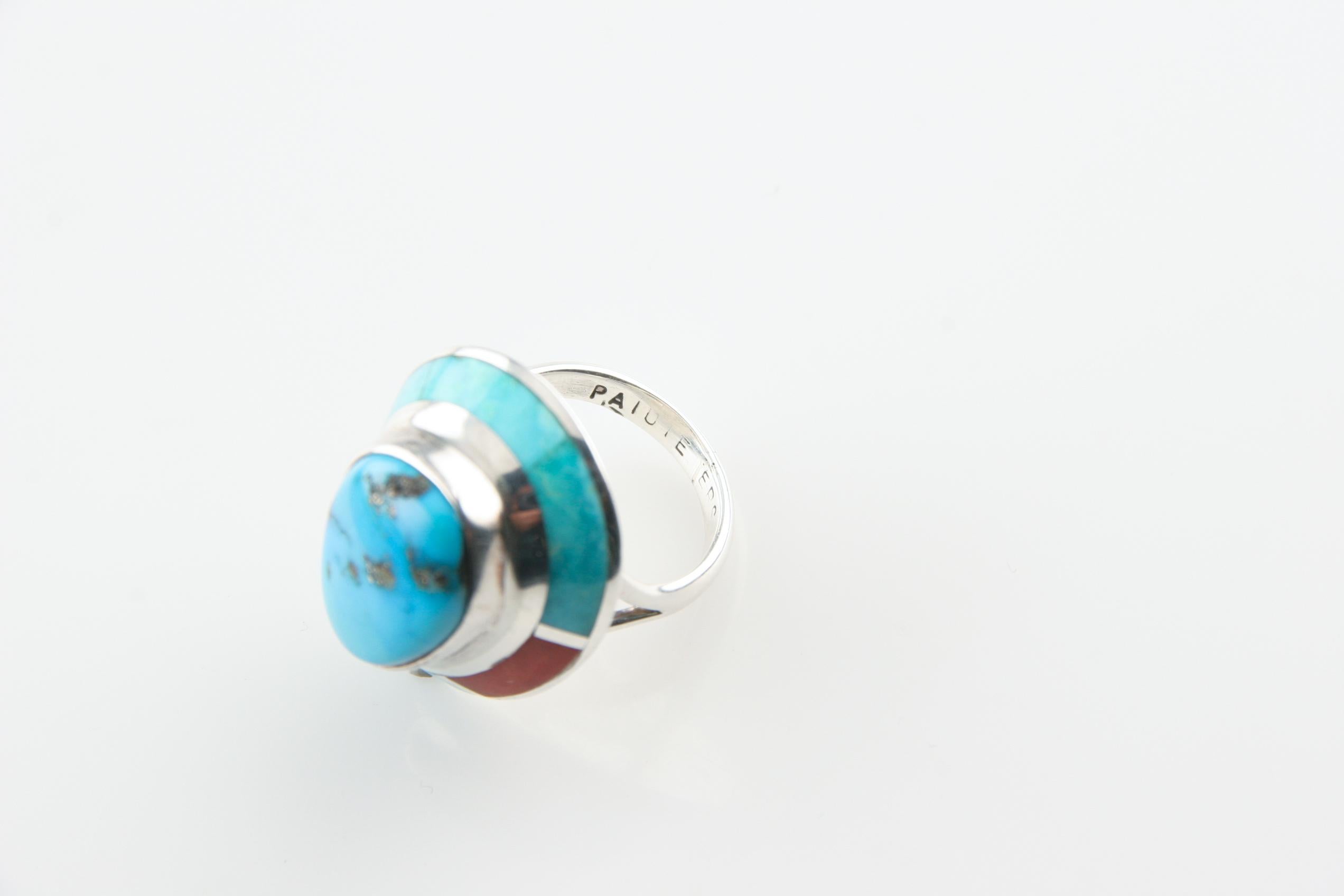 Vintage Native American Paiute Michael Rogers Turquoise and Coral Ring, Size 4.5 In Good Condition In Van Nuys, CA